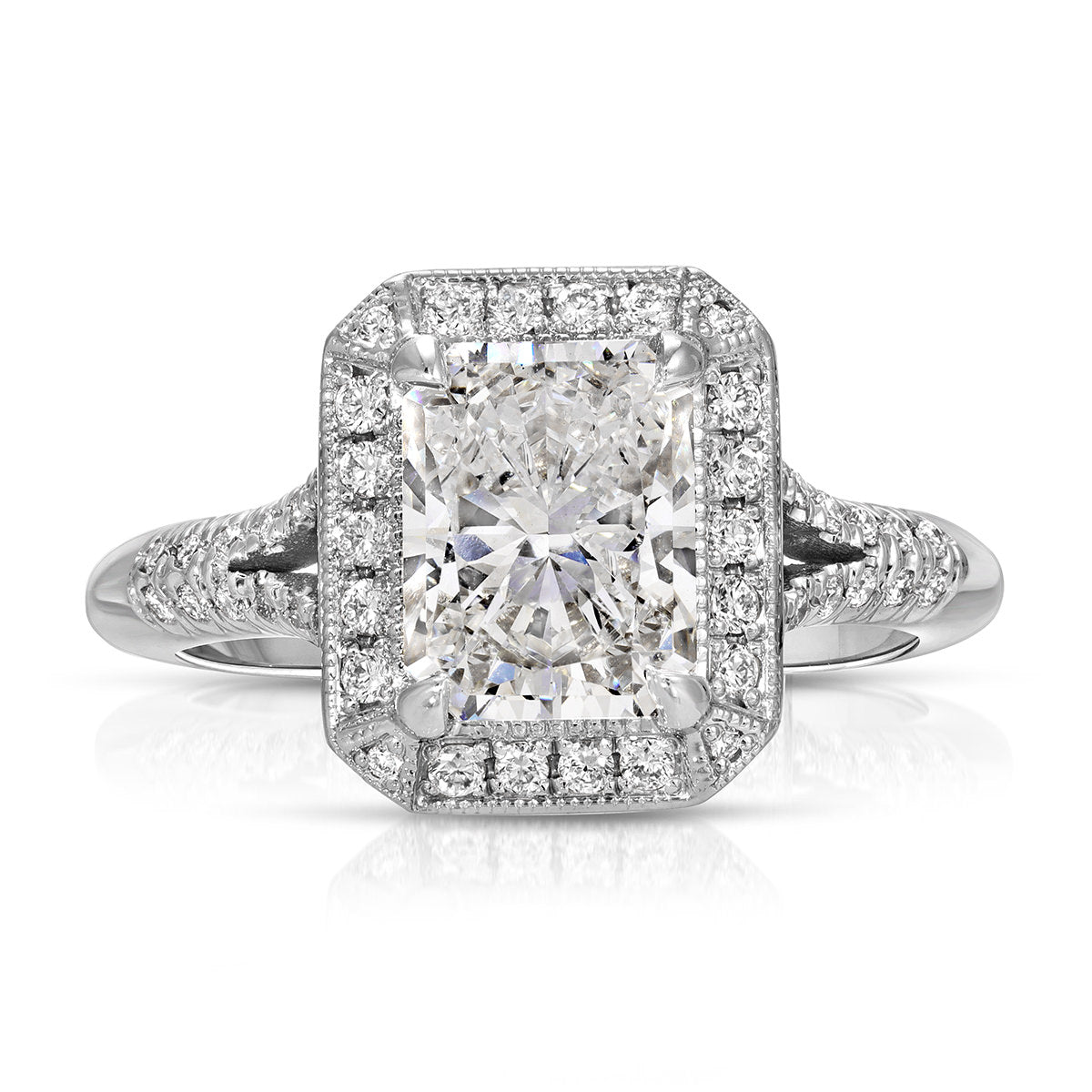 Art Deco Halo Long Radiant Engagement Ring in White Gold