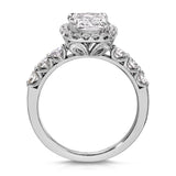 Filigree Classic Halo Long Cushion Engagement Ring in White Gold