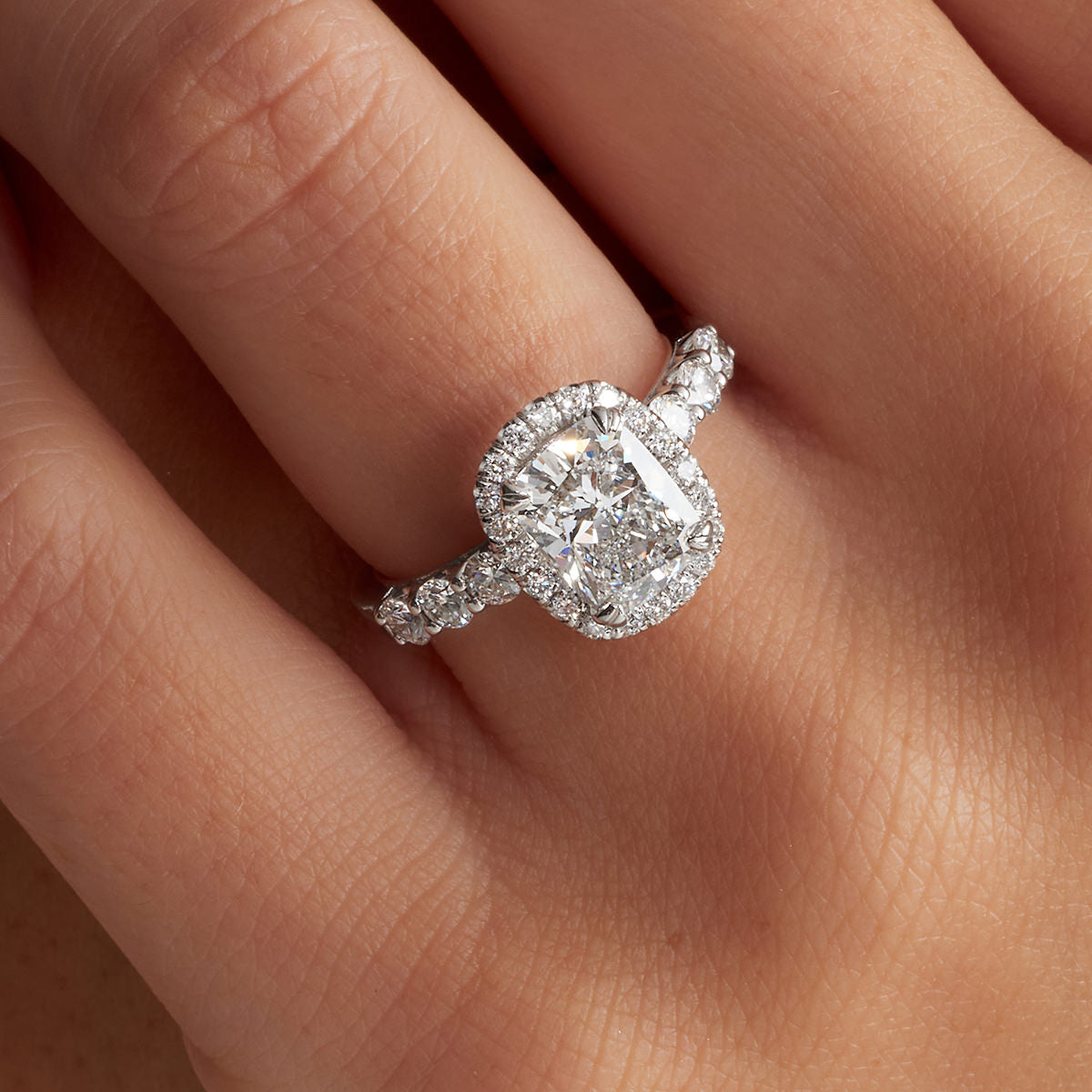 Filigree Classic Halo Long Cushion Engagement Ring in White Gold