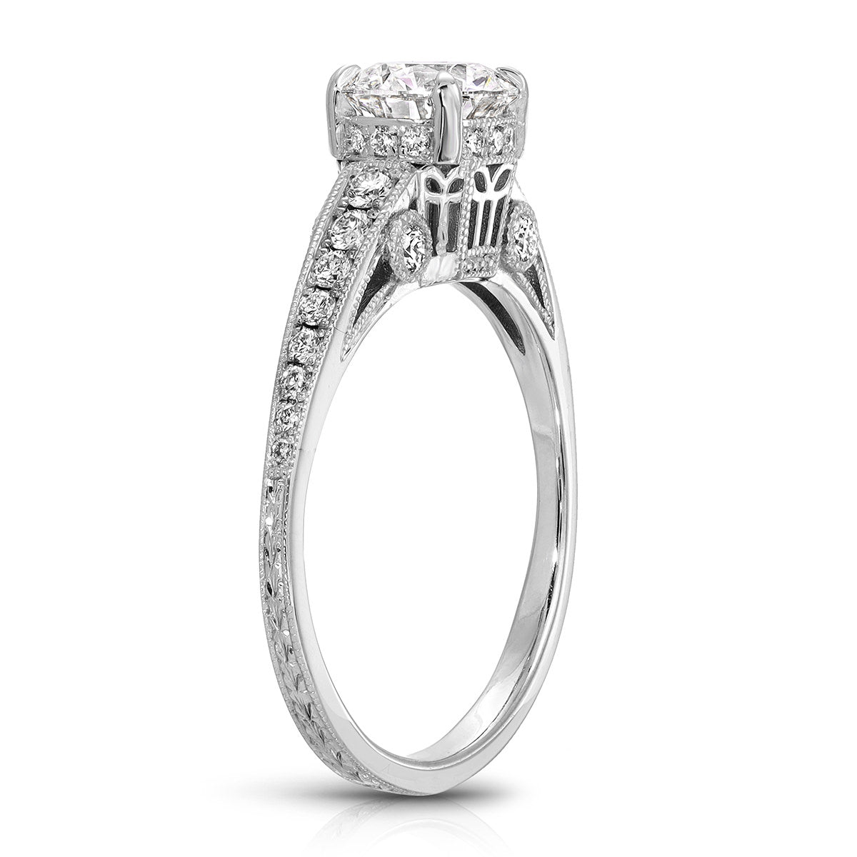 Elle Vintage Style Round Engagement Ring in White Gold