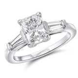 Baguette Three Stone Long Radiant Engagement Ring in White Gold