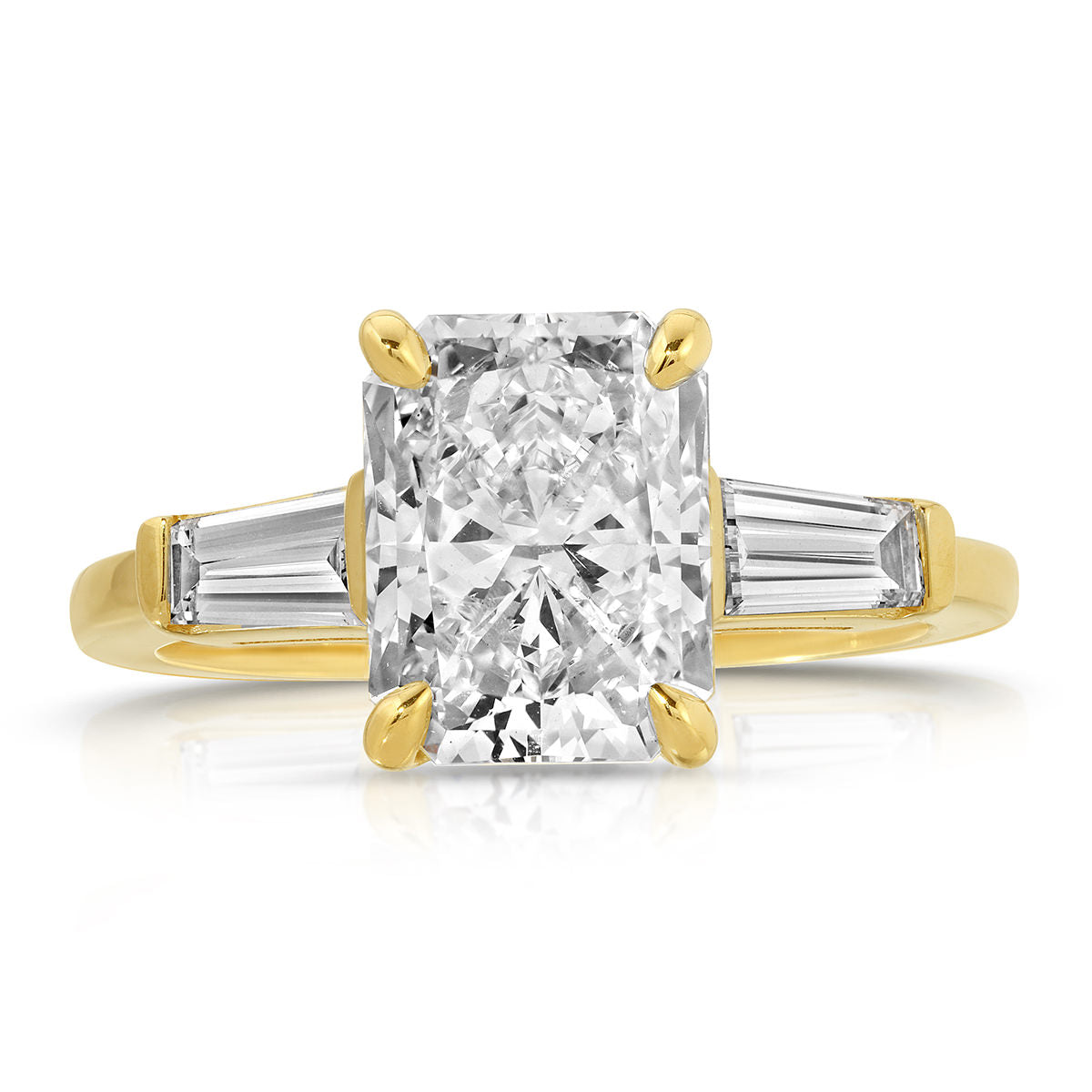 Baguette Three Stone Long Radiant Engagement Ring in Yellow Gold