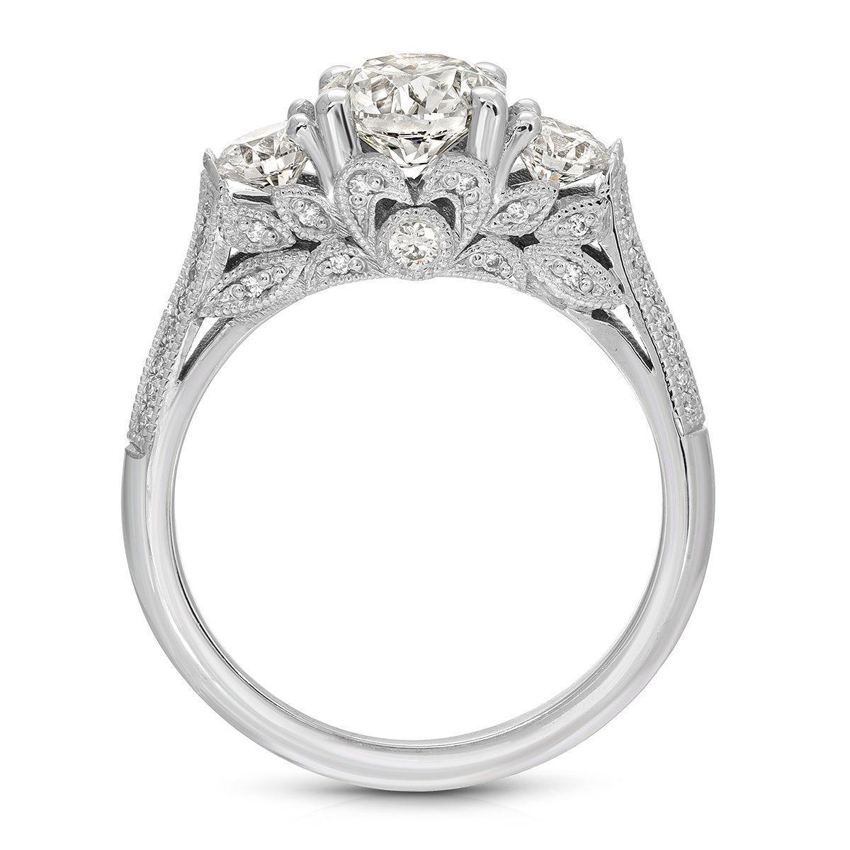 Heirloom Three Stone Round Engagement Ring in White Gold