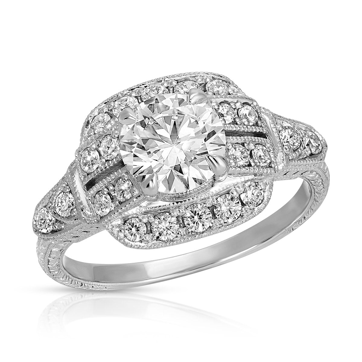 Victorian Vintage Style Round Engagement Ring in White Gold