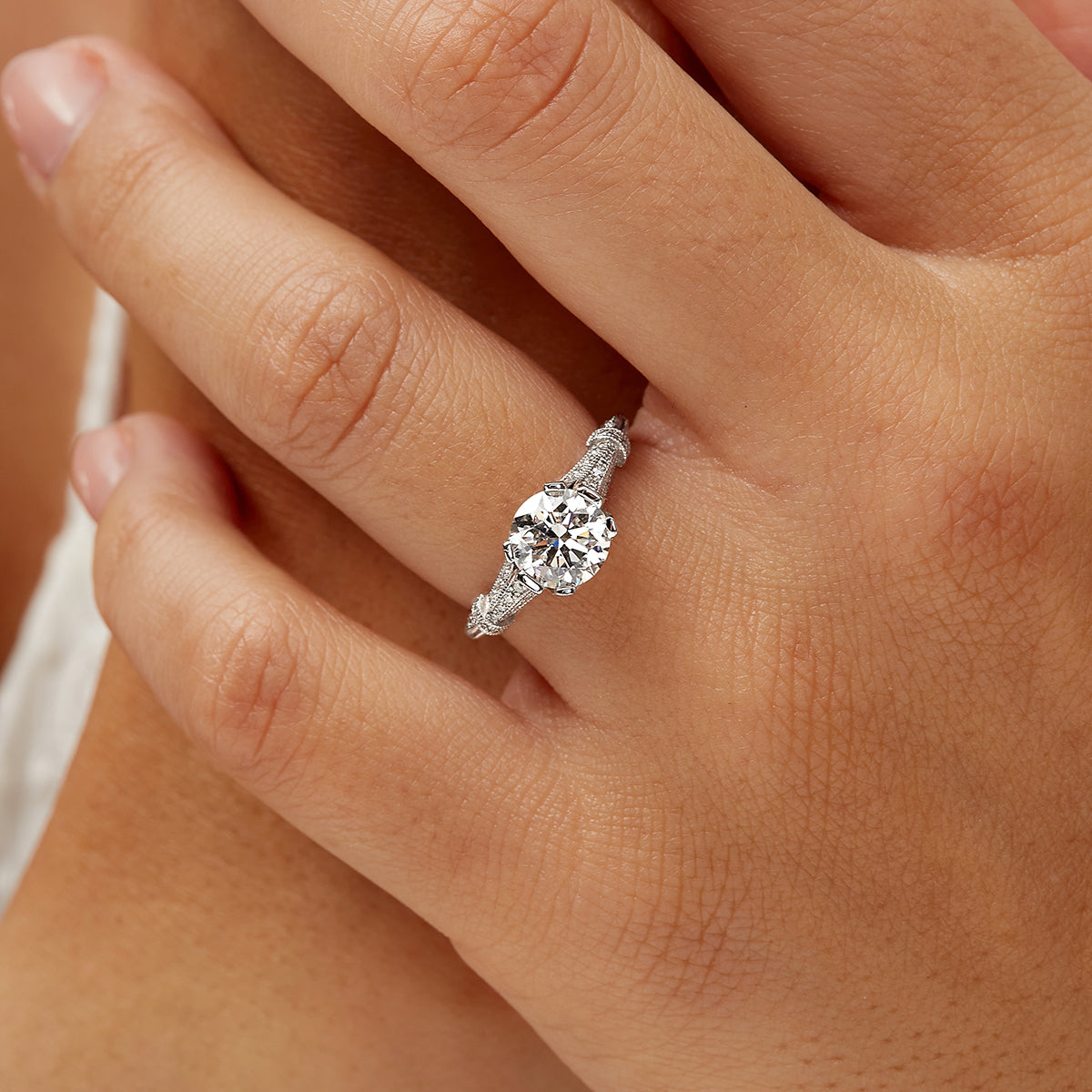 Six Prong Vintage Style Round Engagement Ring in White Gold