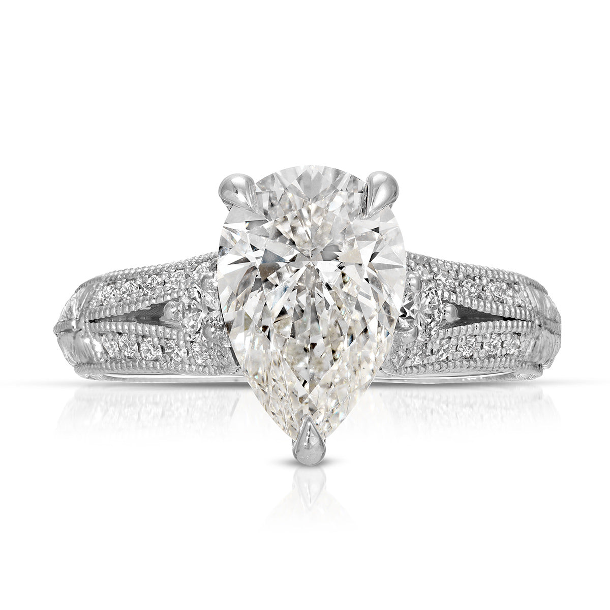 Filigree Pave Vintage Style Pear Engagement Ring in White Gold