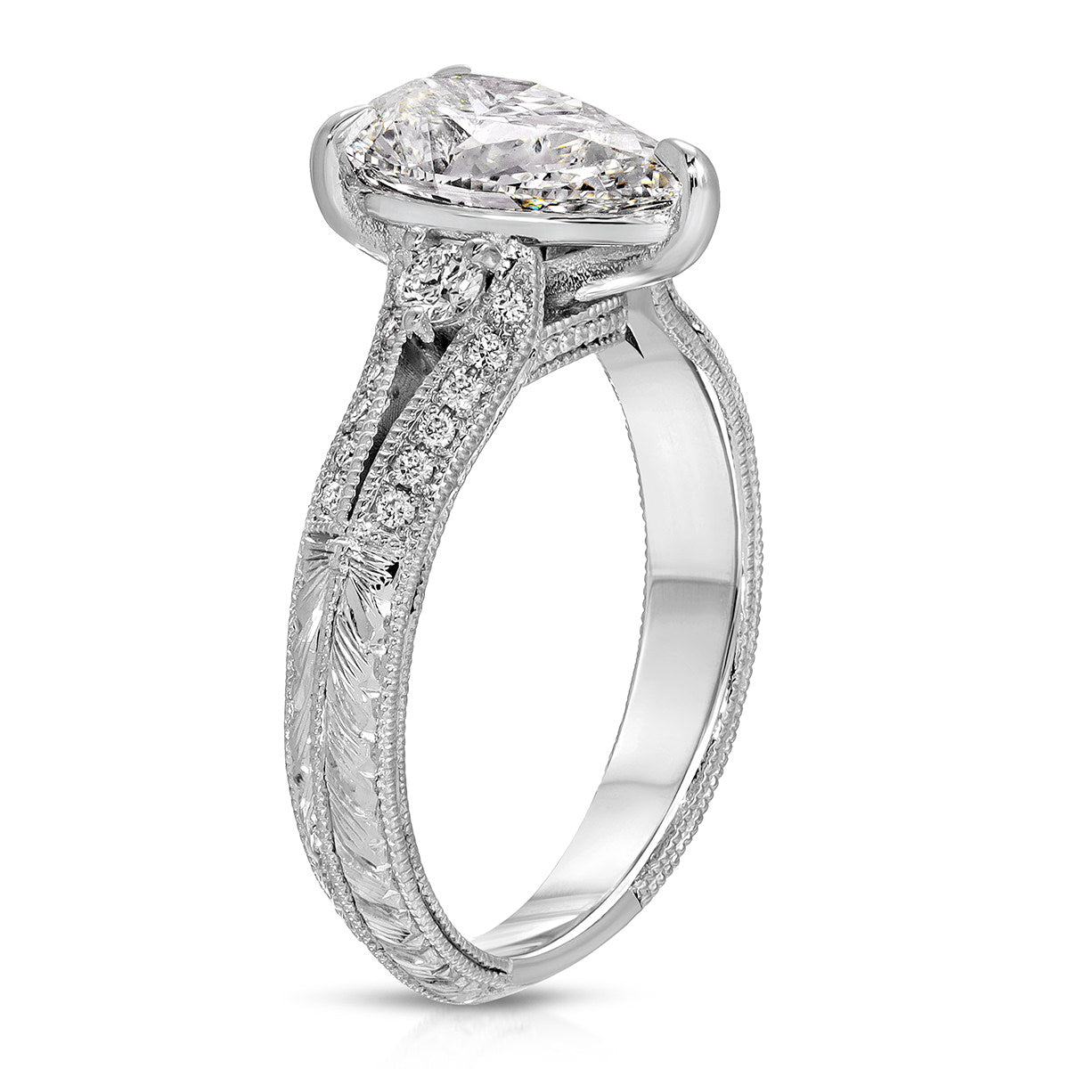 Filigree Pave Vintage Style Pear Engagement Ring in White Gold