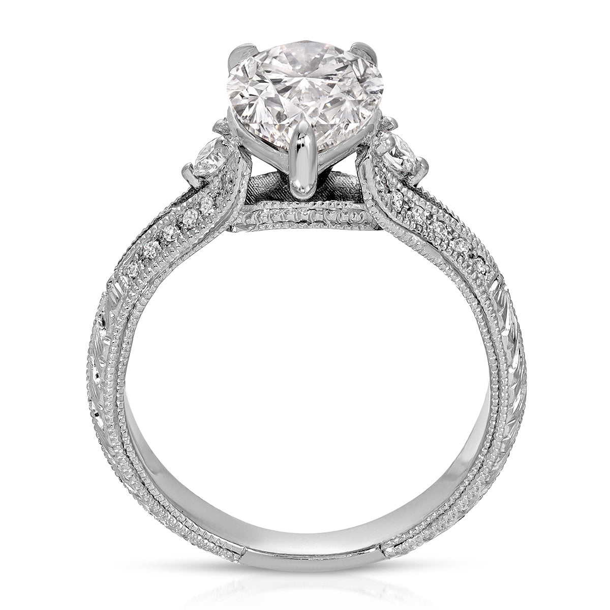 Filigree Pave Vintage Style Pear Engagement Ring in White Gold