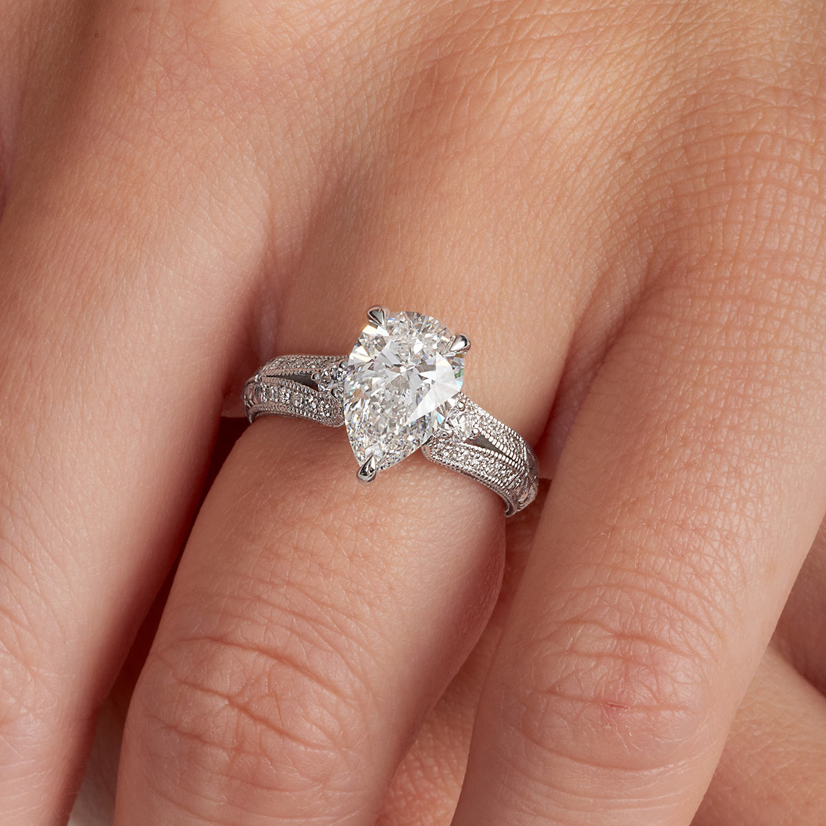 Filigree Pave Vintage Style Pear Engagement Ring in White Gold