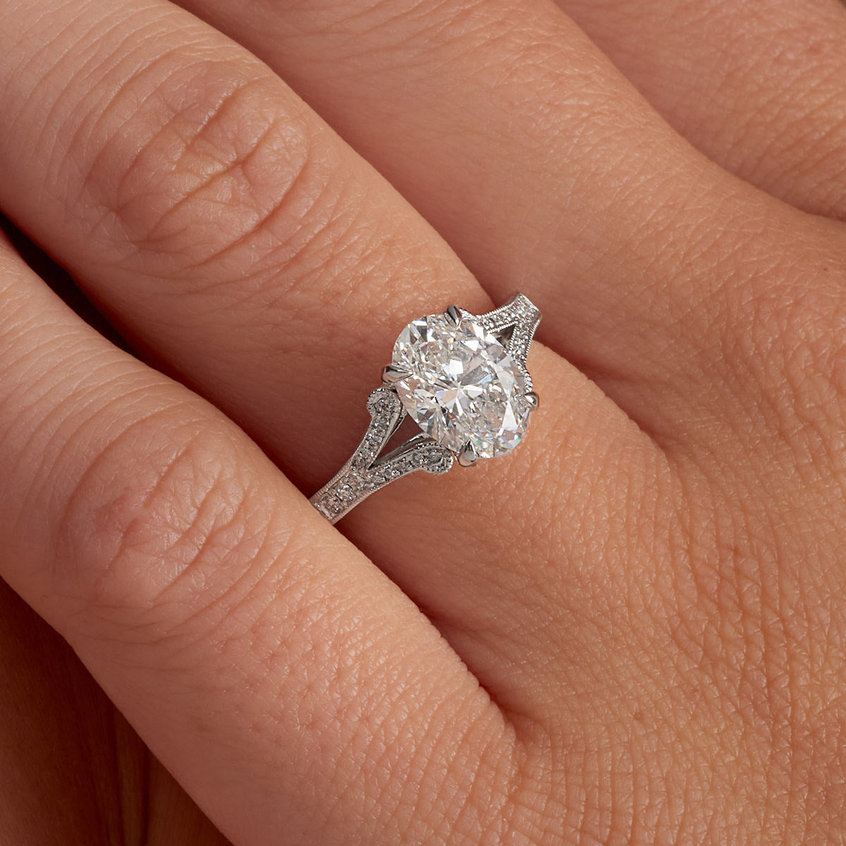 Romantic Vintage Style Oval Engagement Ring in White Gold