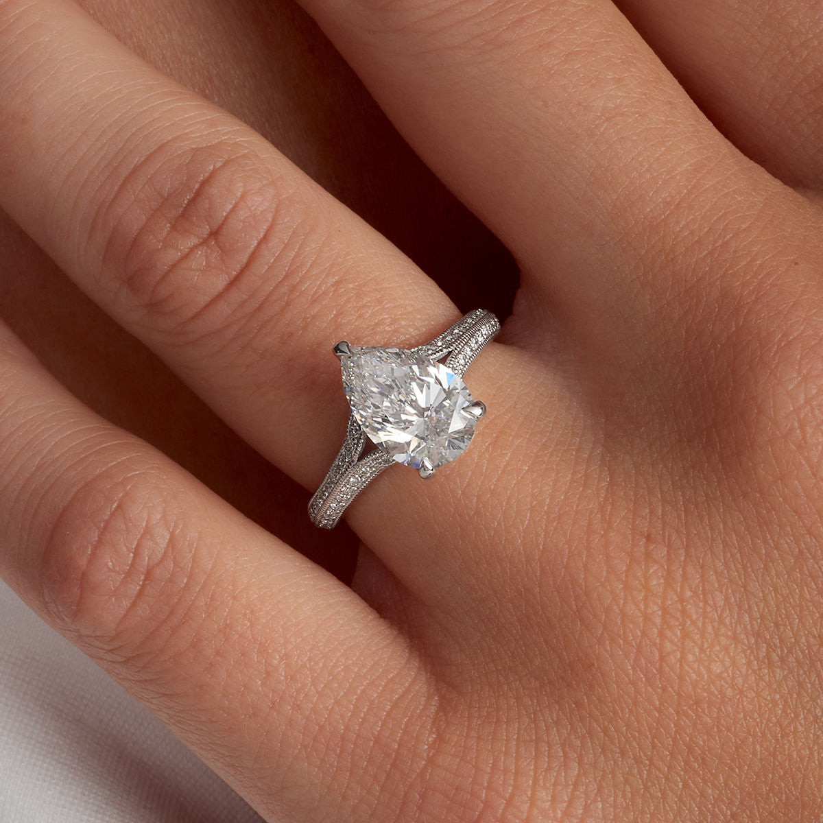 Two Petals Pave Vintage Pear Engagement Ring in White Gold