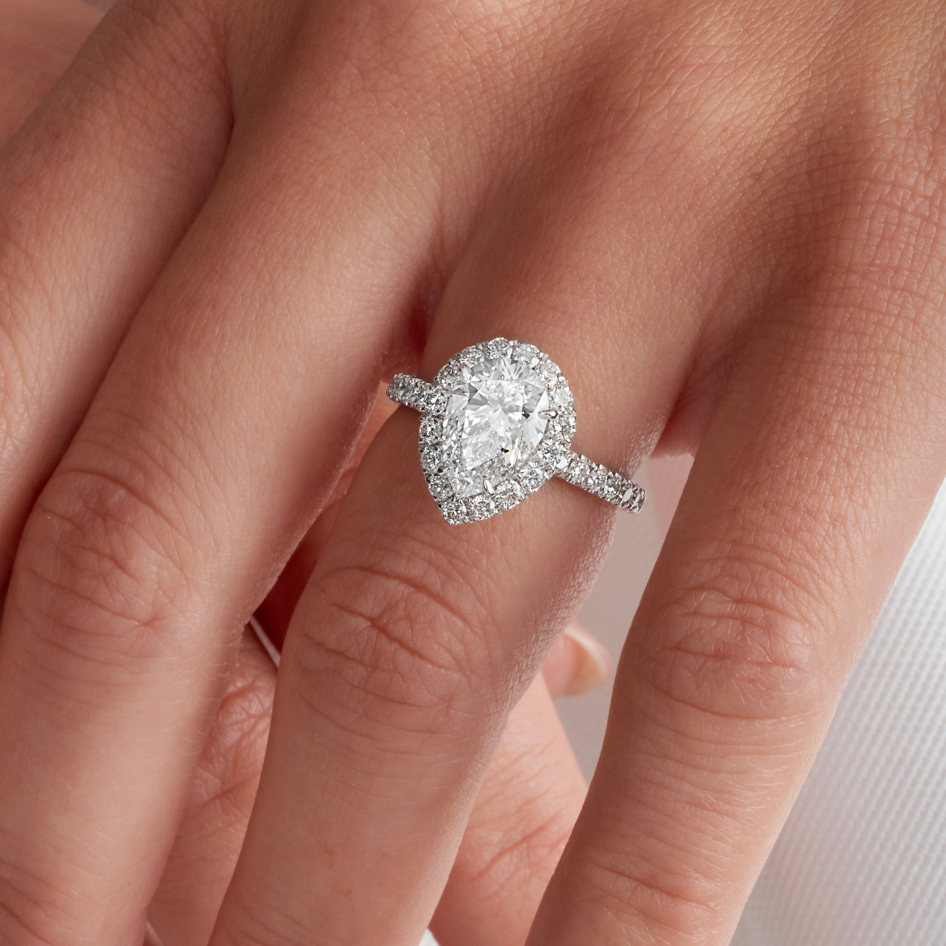 Traditional Halo Pave Pear Engagement Ring in White Gold