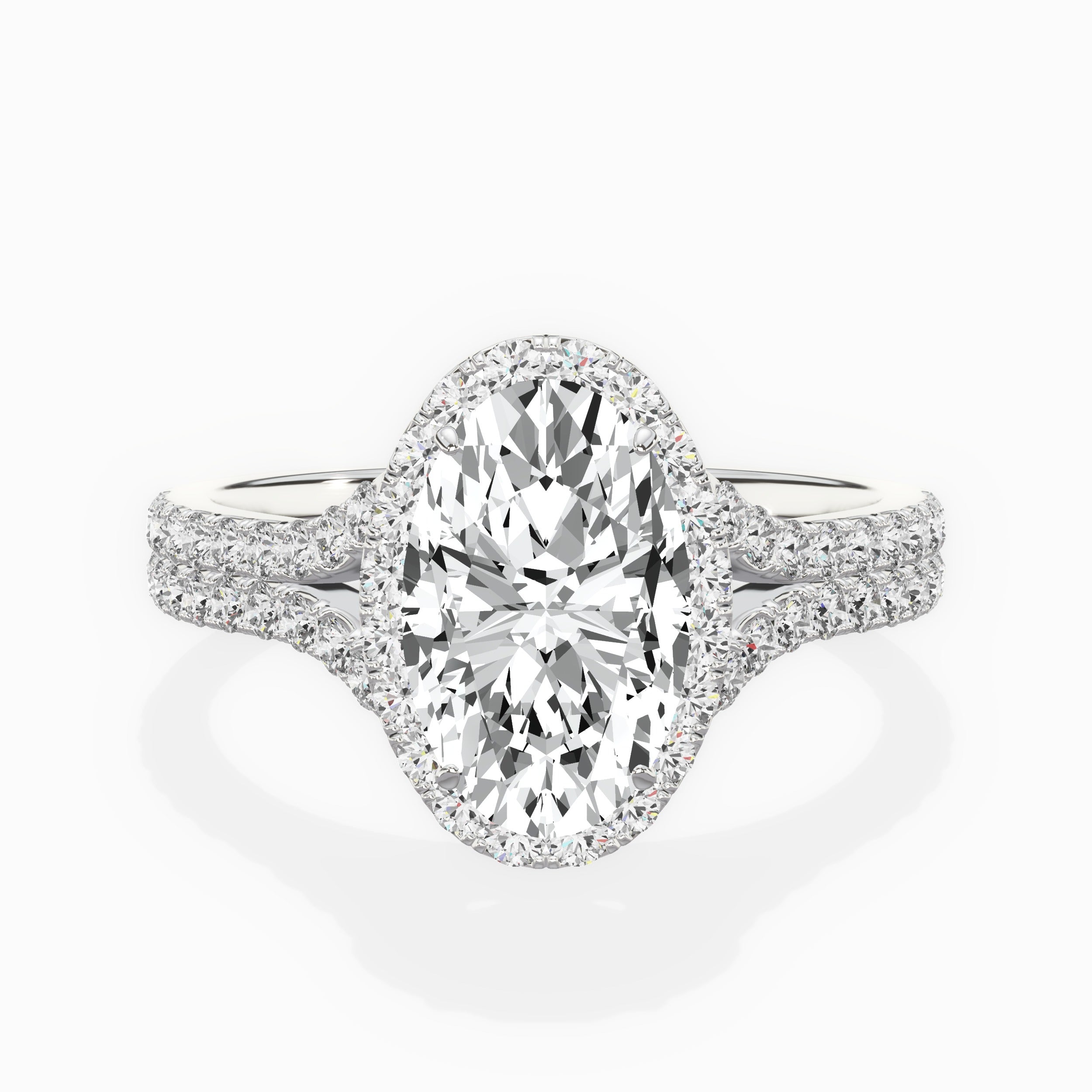 Split Shank Hidden Halo Oval Engagement Ring in White Gold