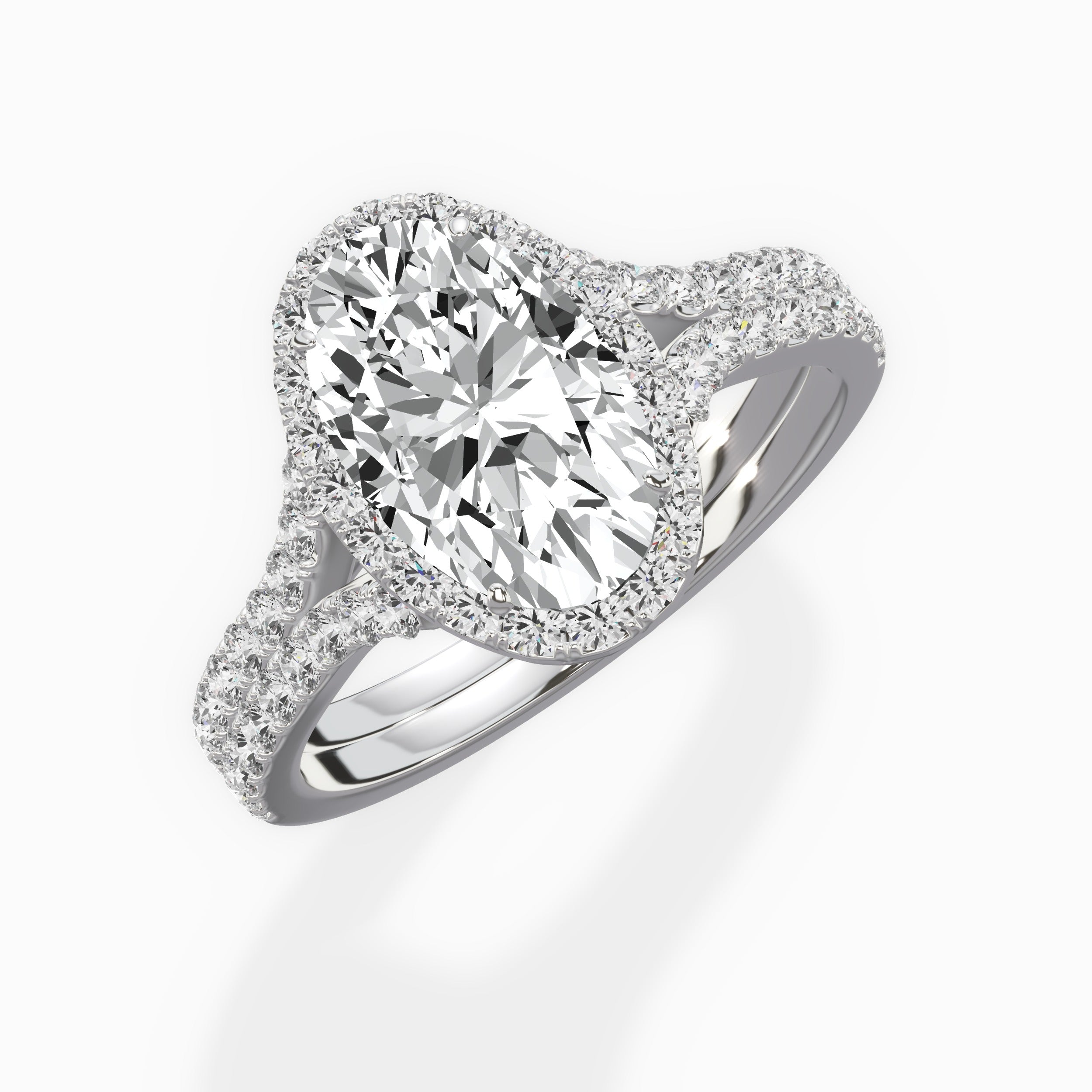 Split Shank Hidden Halo Oval Engagement Ring in White Gold