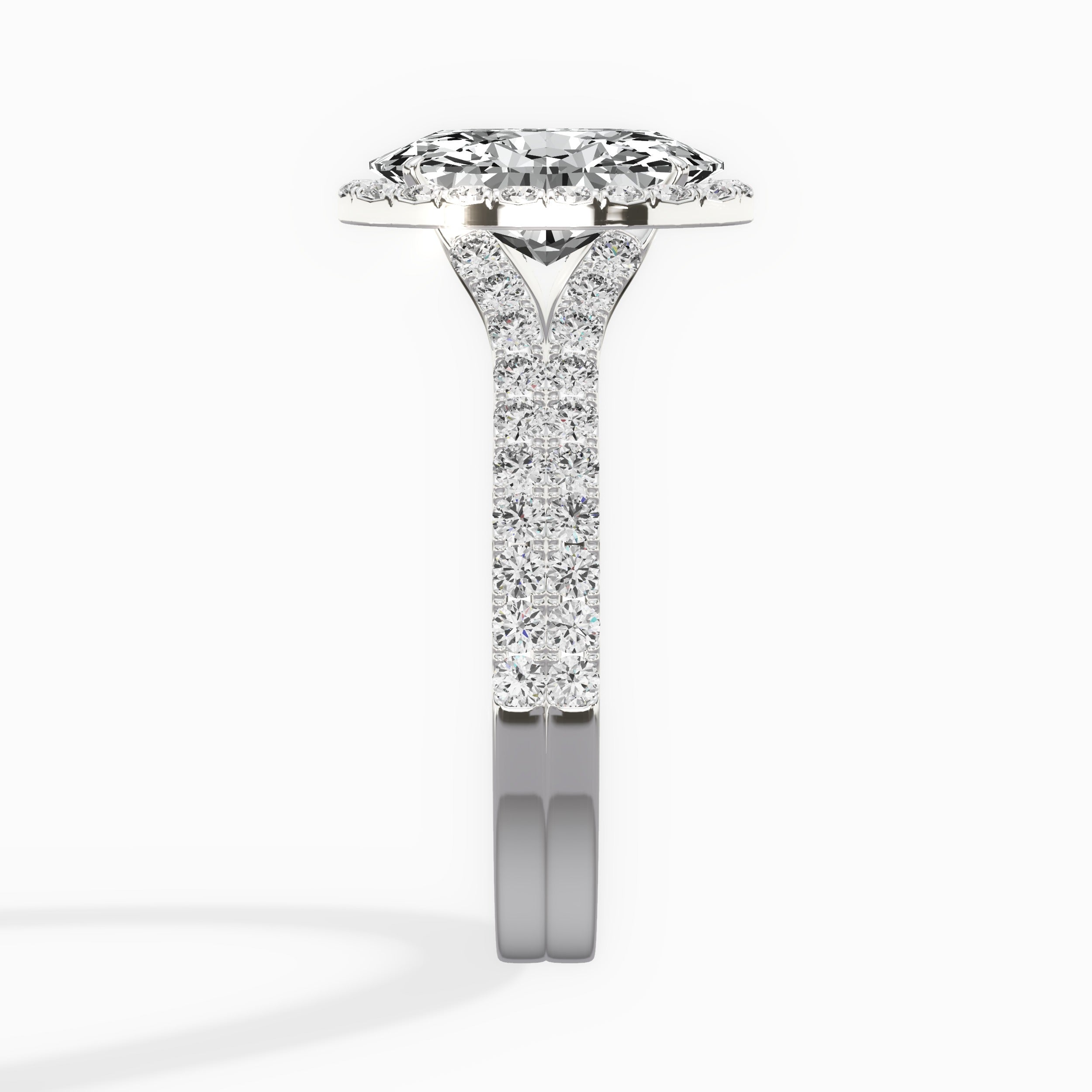 Split Shank Hidden Halo Oval Engagement Ring in White Gold