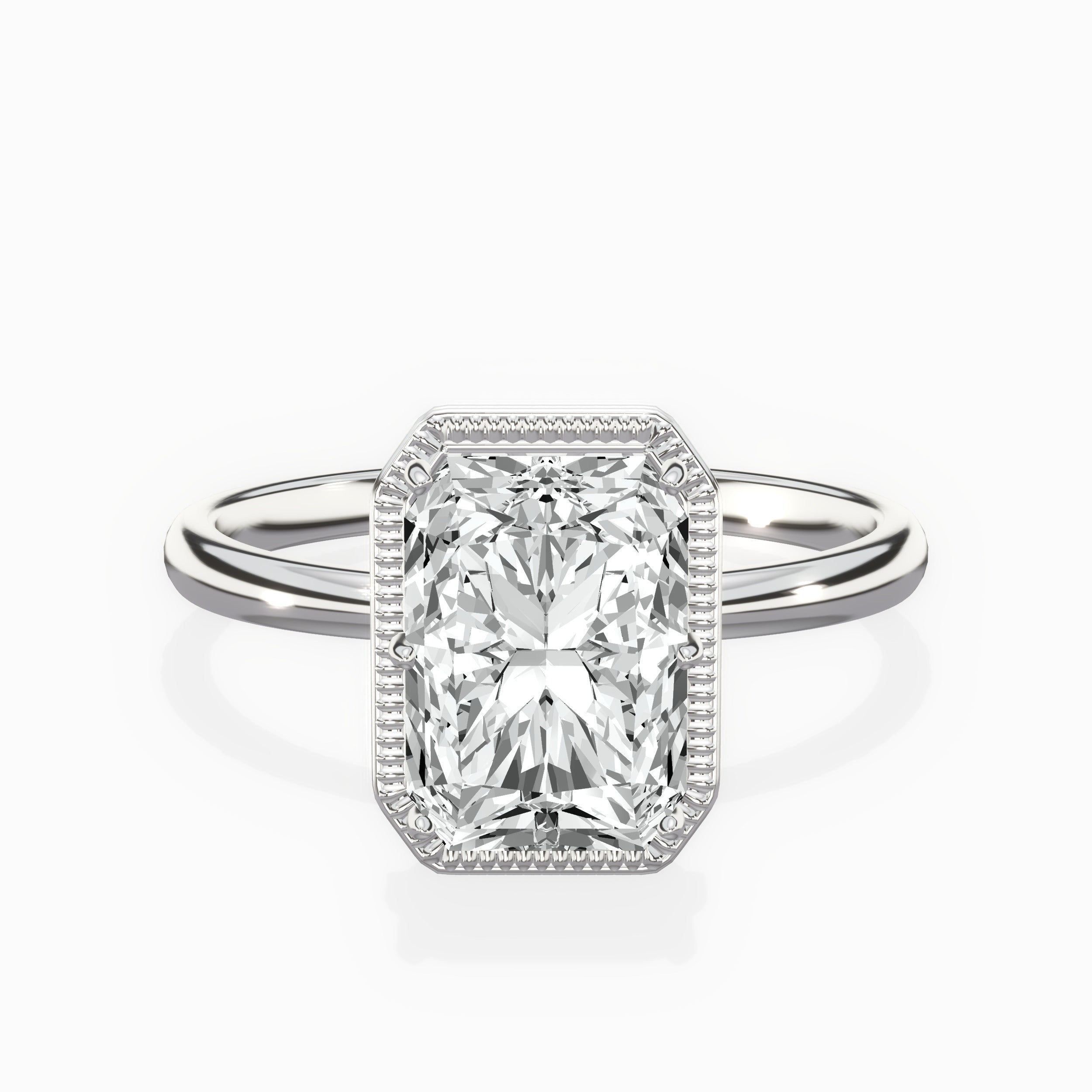 Milgrain Solitaire Long Radiant Engagement Ring in White Gold