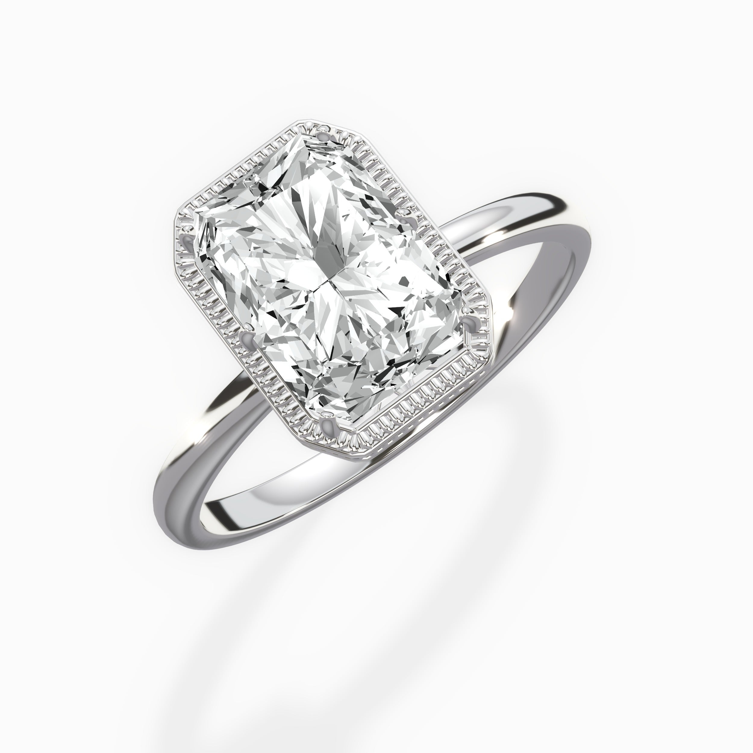 Milgrain Solitaire Long Radiant Engagement Ring in White Gold