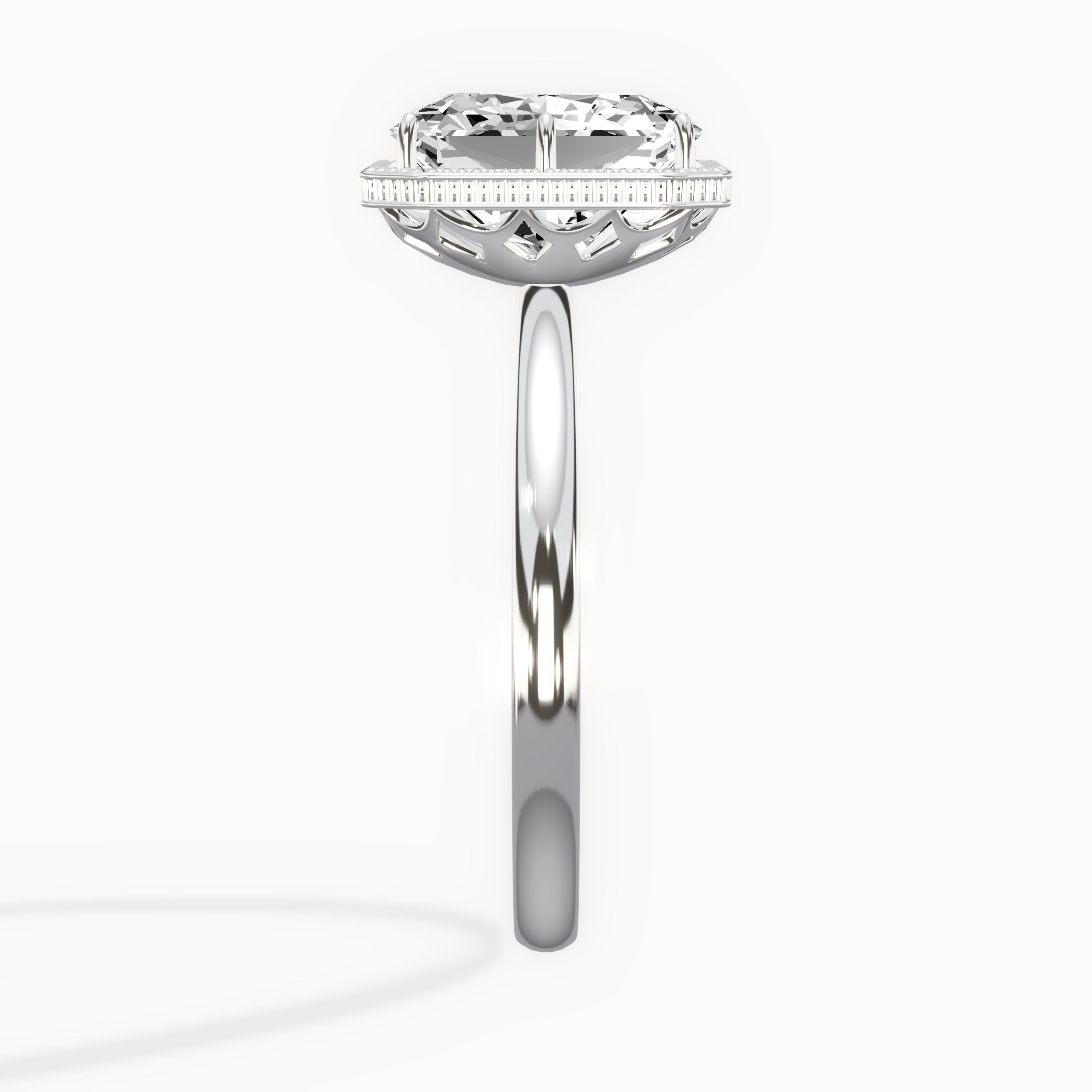 Milgrain Solitaire Long Radiant Engagement Ring in White Gold