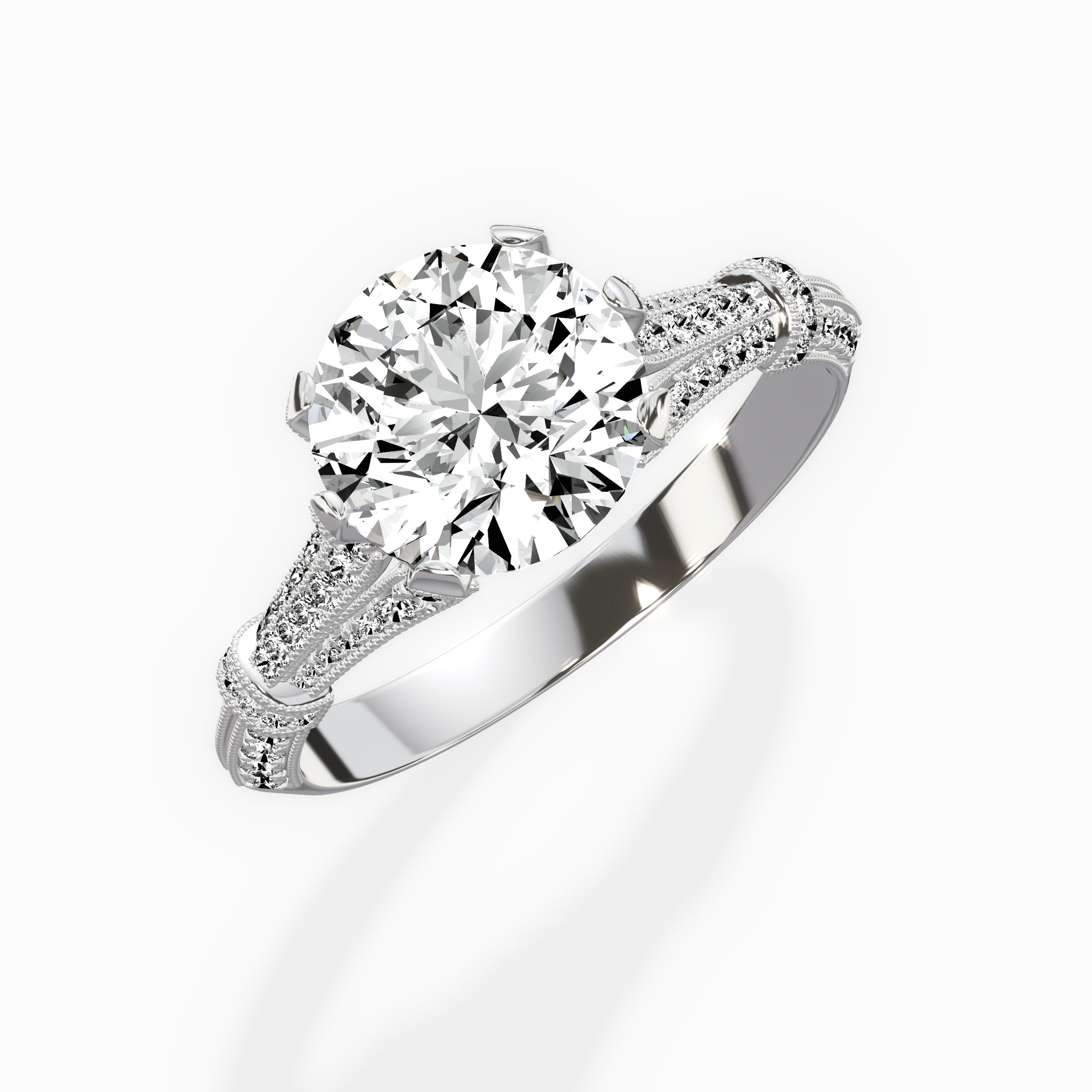 Six Prong Vintage Style Round Engagement Ring in White Gold