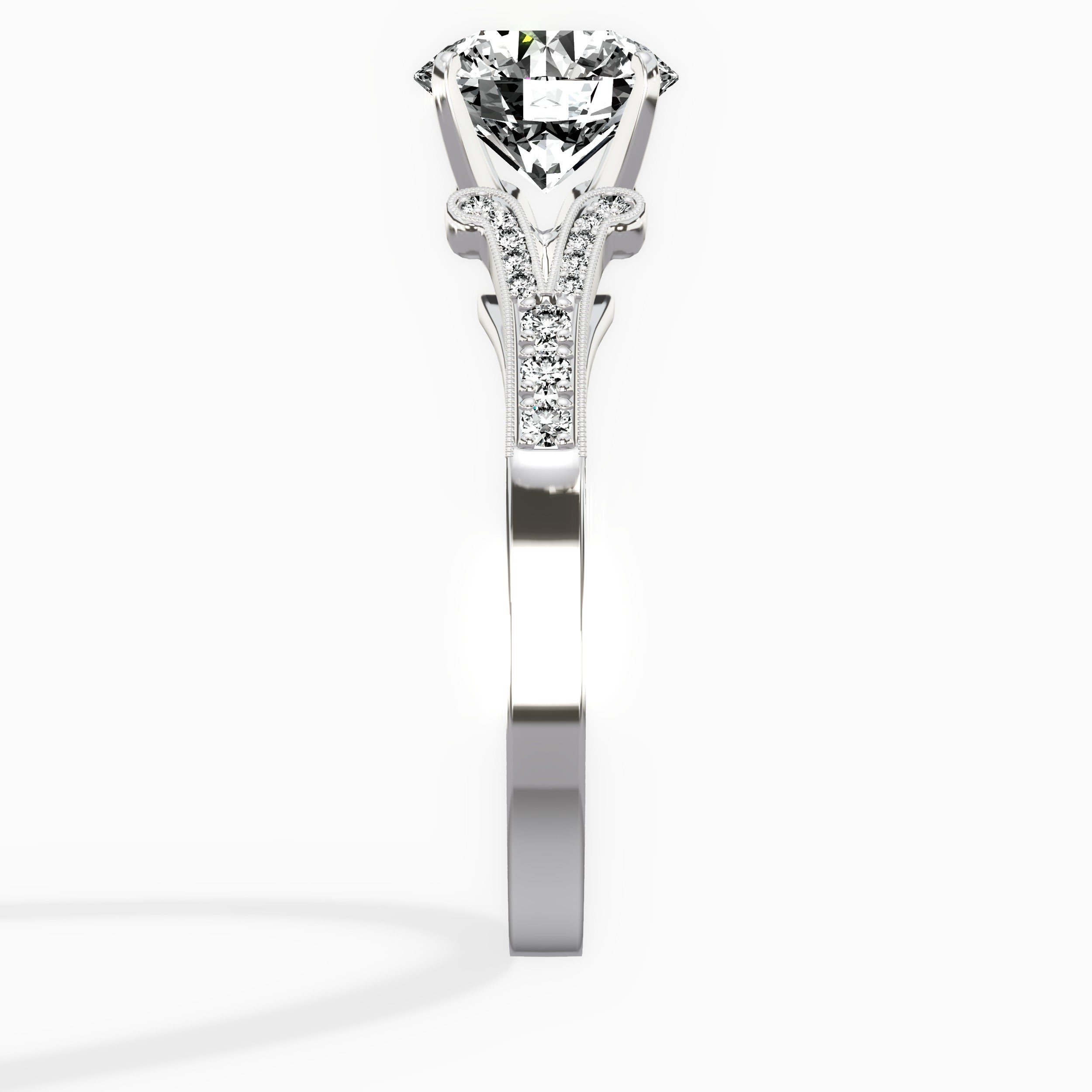 Romantic Vintage Style Round Engagement Ring in White Gold