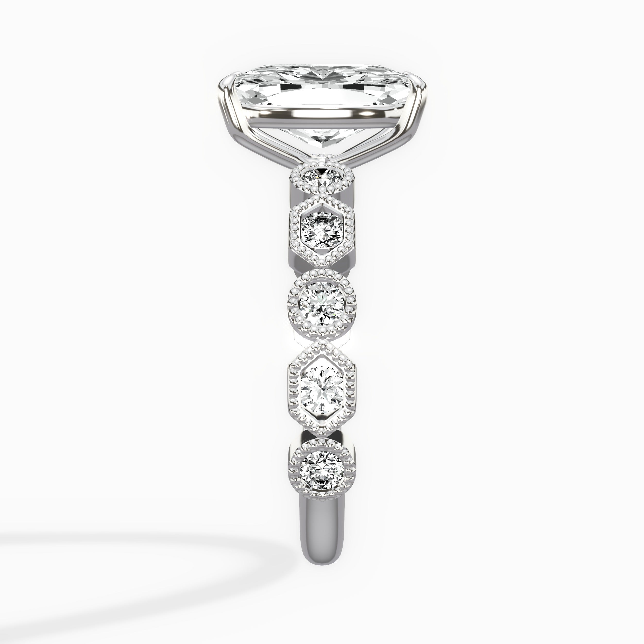 Devotion Vintage Style Long Cushion Engagement Ring in White Gold