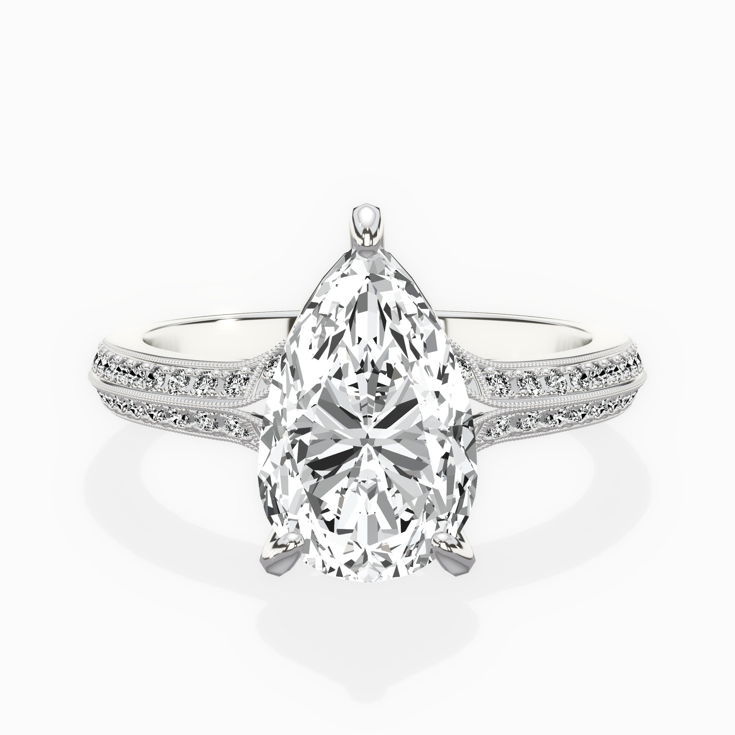 Two Petals Pave Vintage Pear Engagement Ring in White Gold