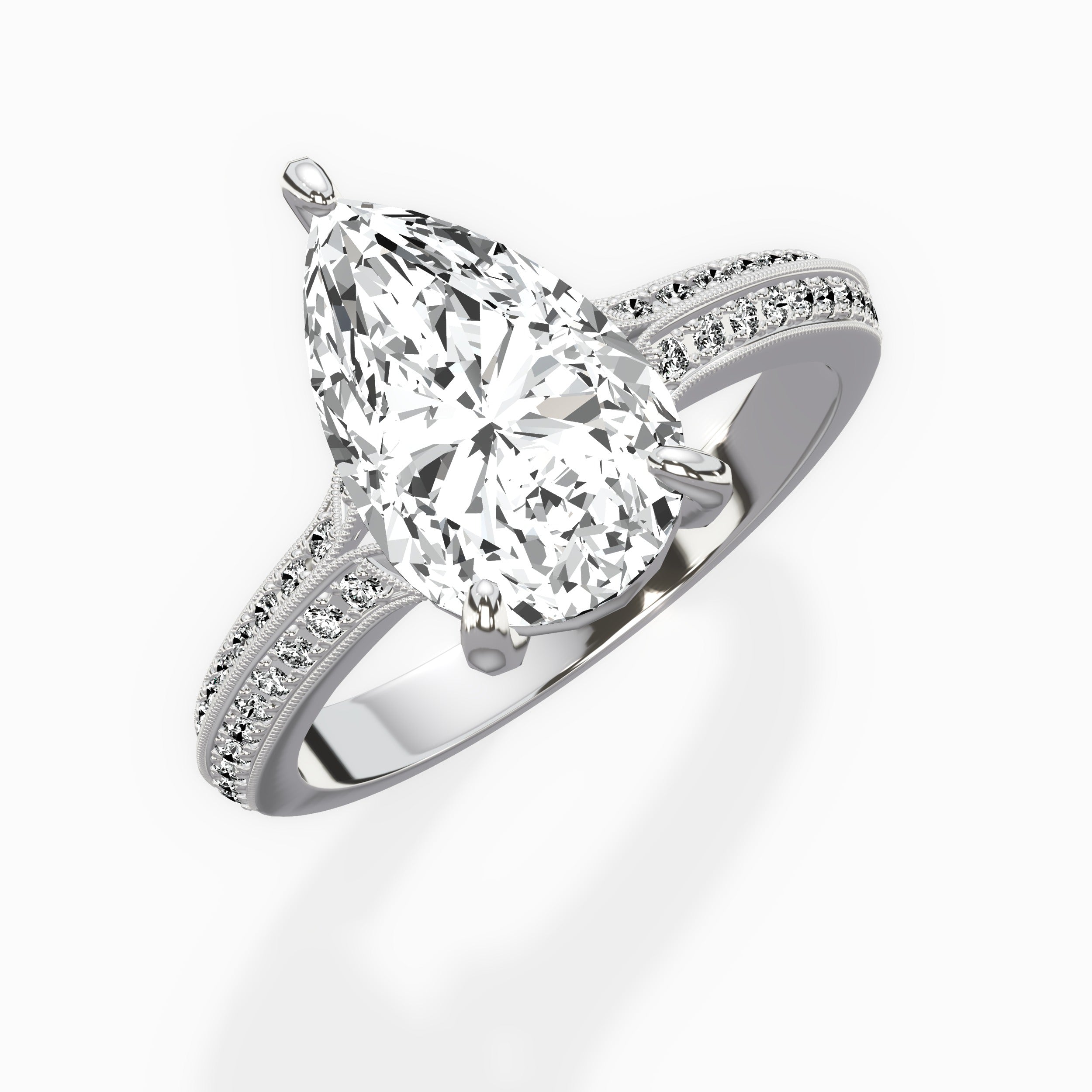 Two Petals Pave Vintage Pear Engagement Ring in White Gold