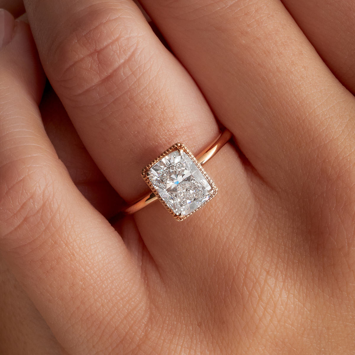 Milgrain Solitaire Long Cushion Engagement Ring in Rose Gold