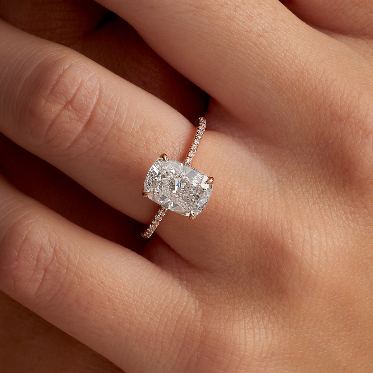 Fortuna Solitaire Long Cushion Engagement Ring in Rose Gold