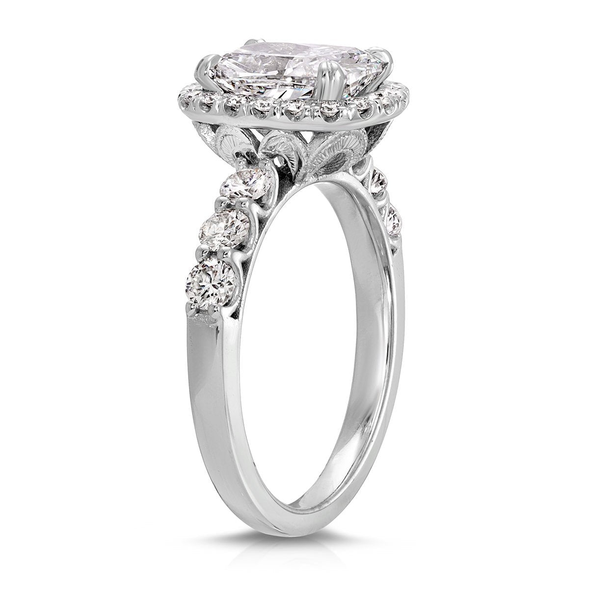 Filigree Classic Halo 2.03 ct Long Cushion Engagement Ring in White Gold - The Better Diamonds