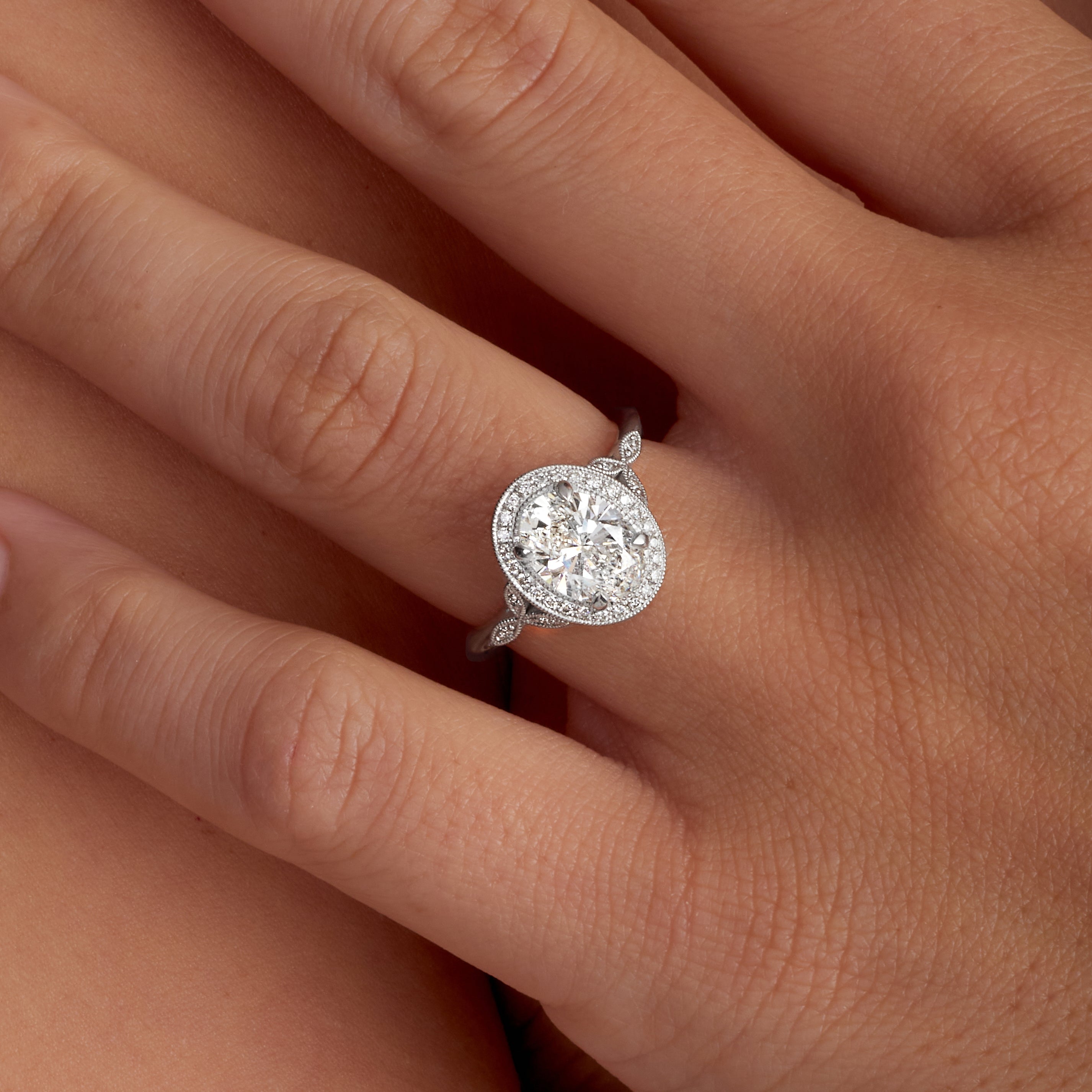 Floral Vintage Style Oval Engagement Ring in White Gold