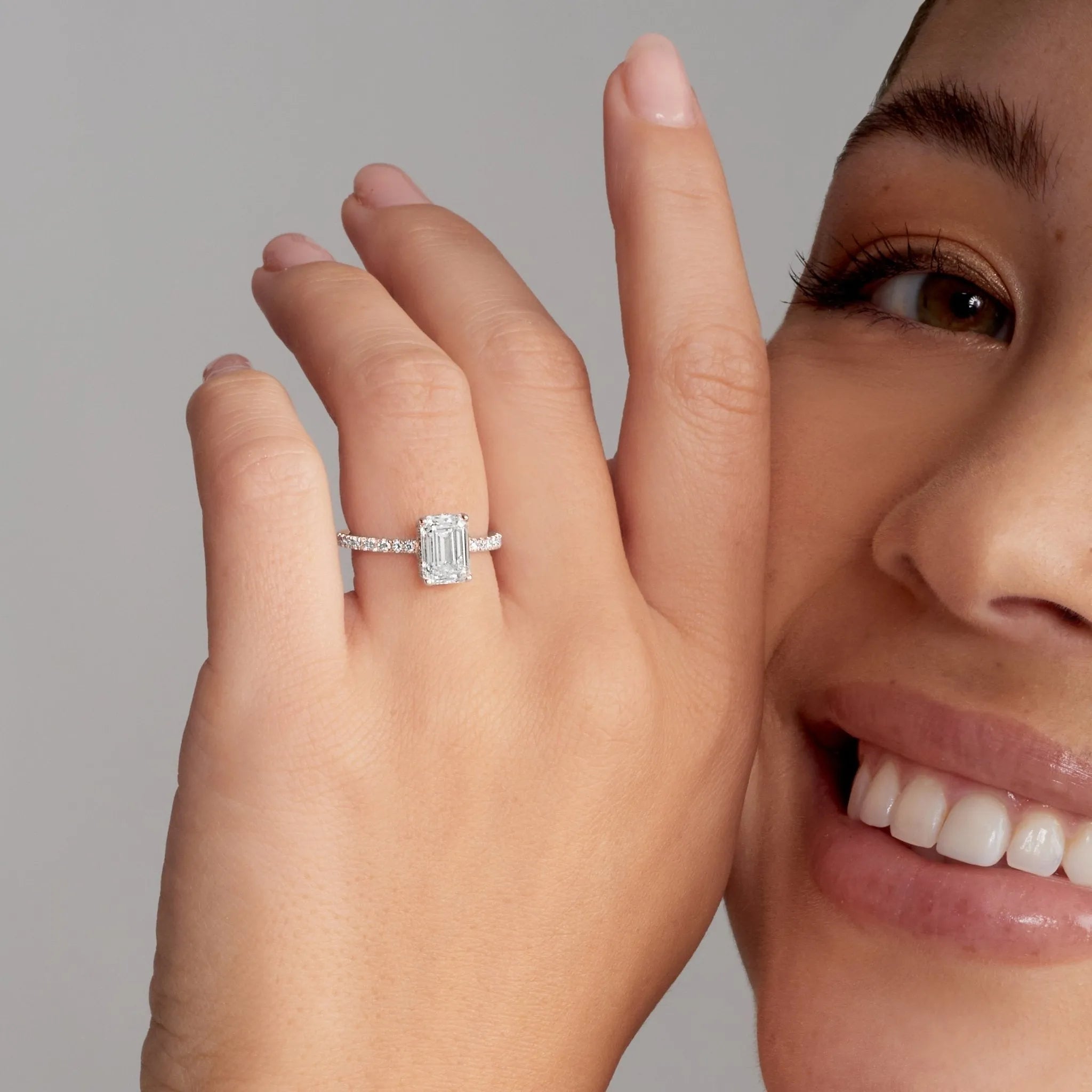 Fortuna Hidden Halo 2.01 ct Emerald Engagement Ring in Rose Gold - The Better Diamonds