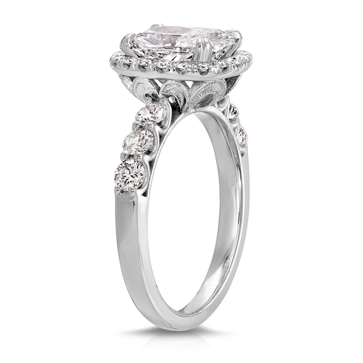 Filigree Classic Halo Cushion Engagement Ring in White Gold