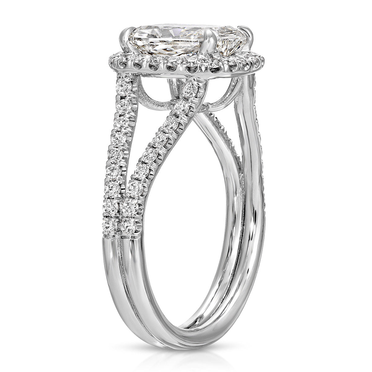 Double Halo Long Cushion Engagement Ring in White Gold