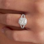 Double Halo Long Cushion Engagement Ring in White Gold