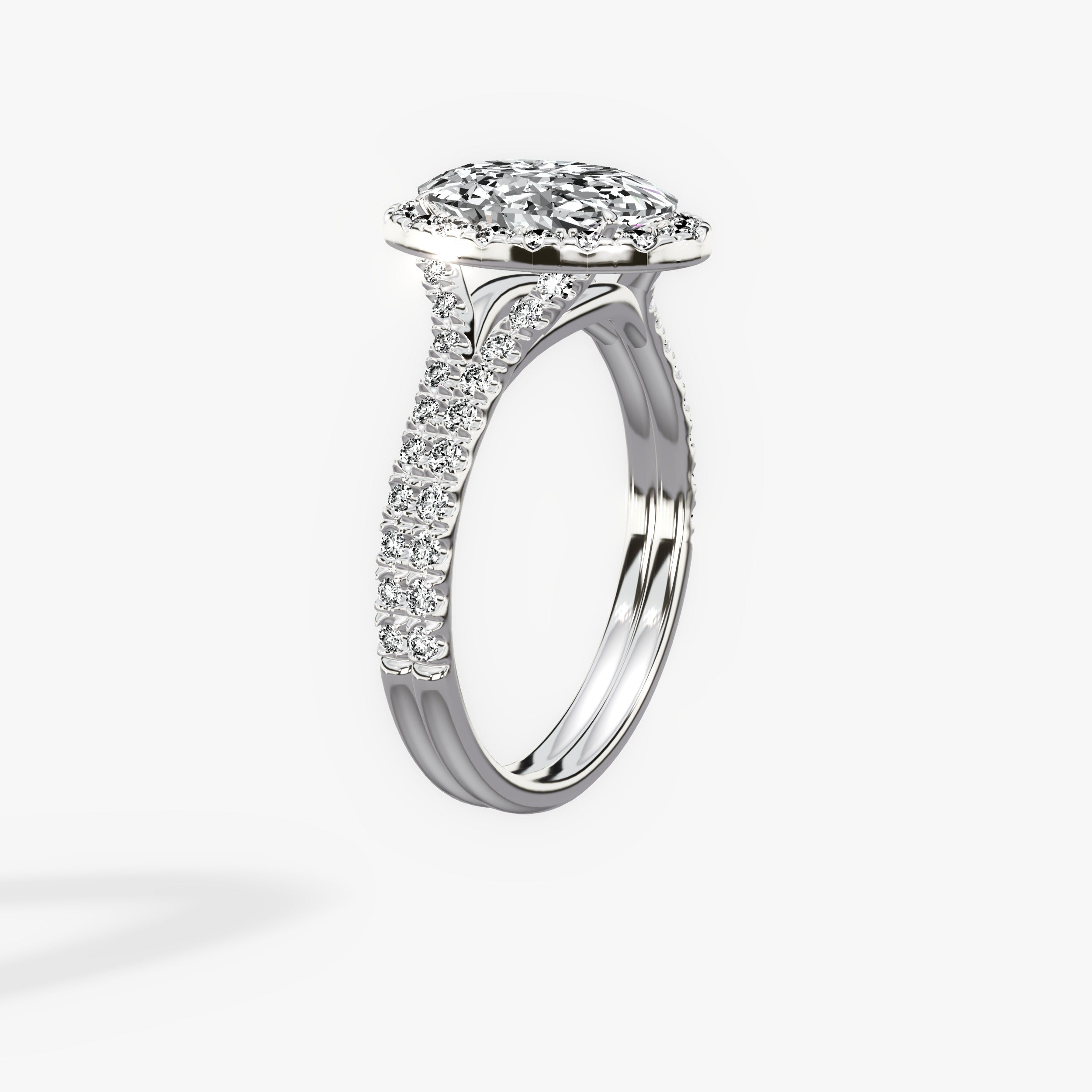 Split Shank Hidden Halo Oval Engagement Ring in White Gold