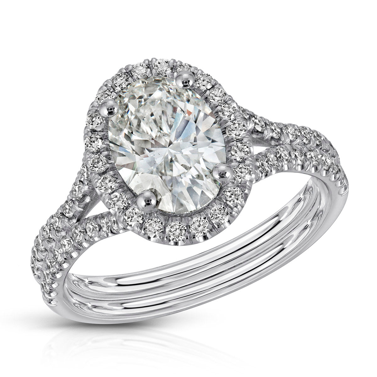 Split Shank Hidden Halo Oval Engagement Ring in White Gold