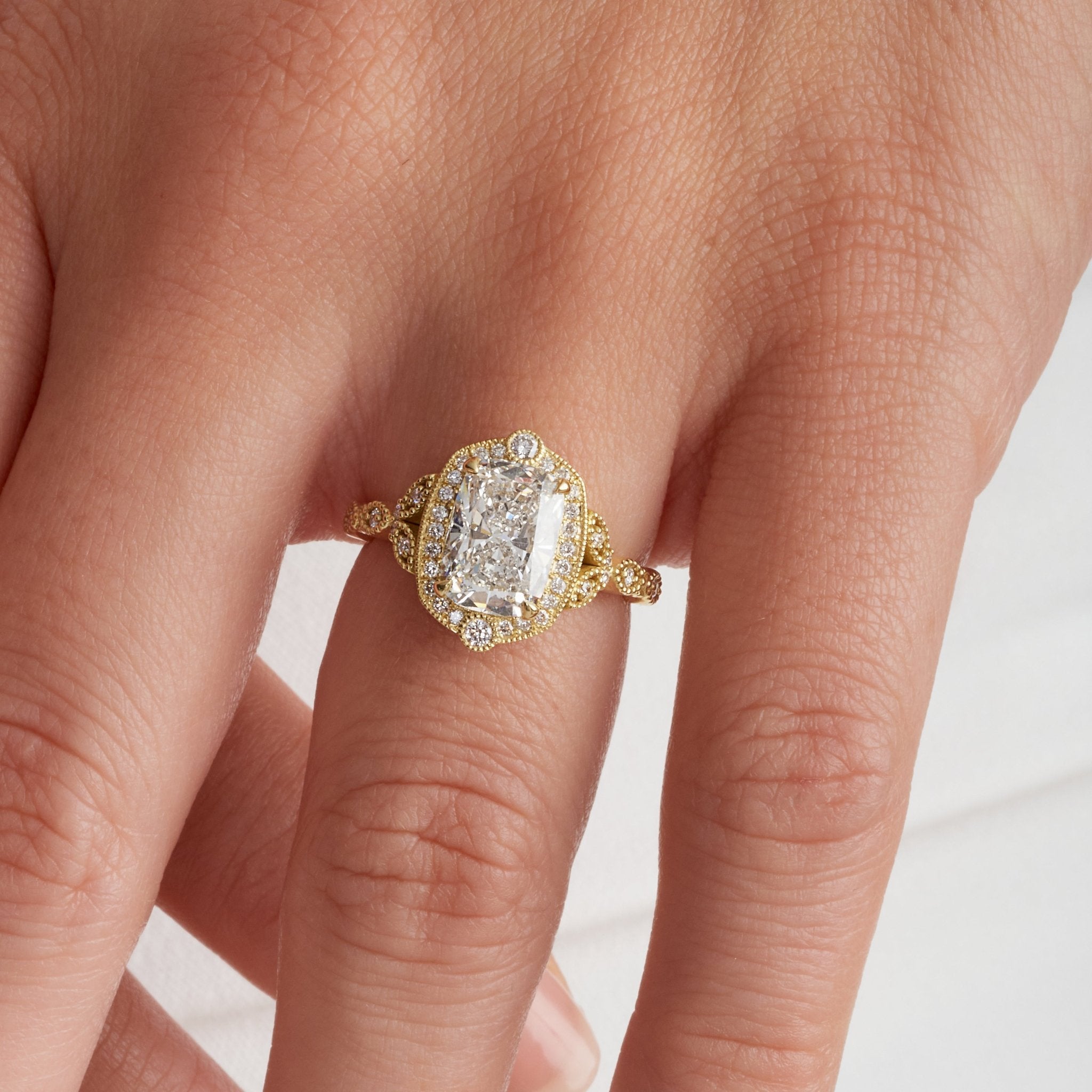 Halo Vintage Style 2.30 ct Cushion Engagement Ring in Yellow Gold - The Better Diamonds