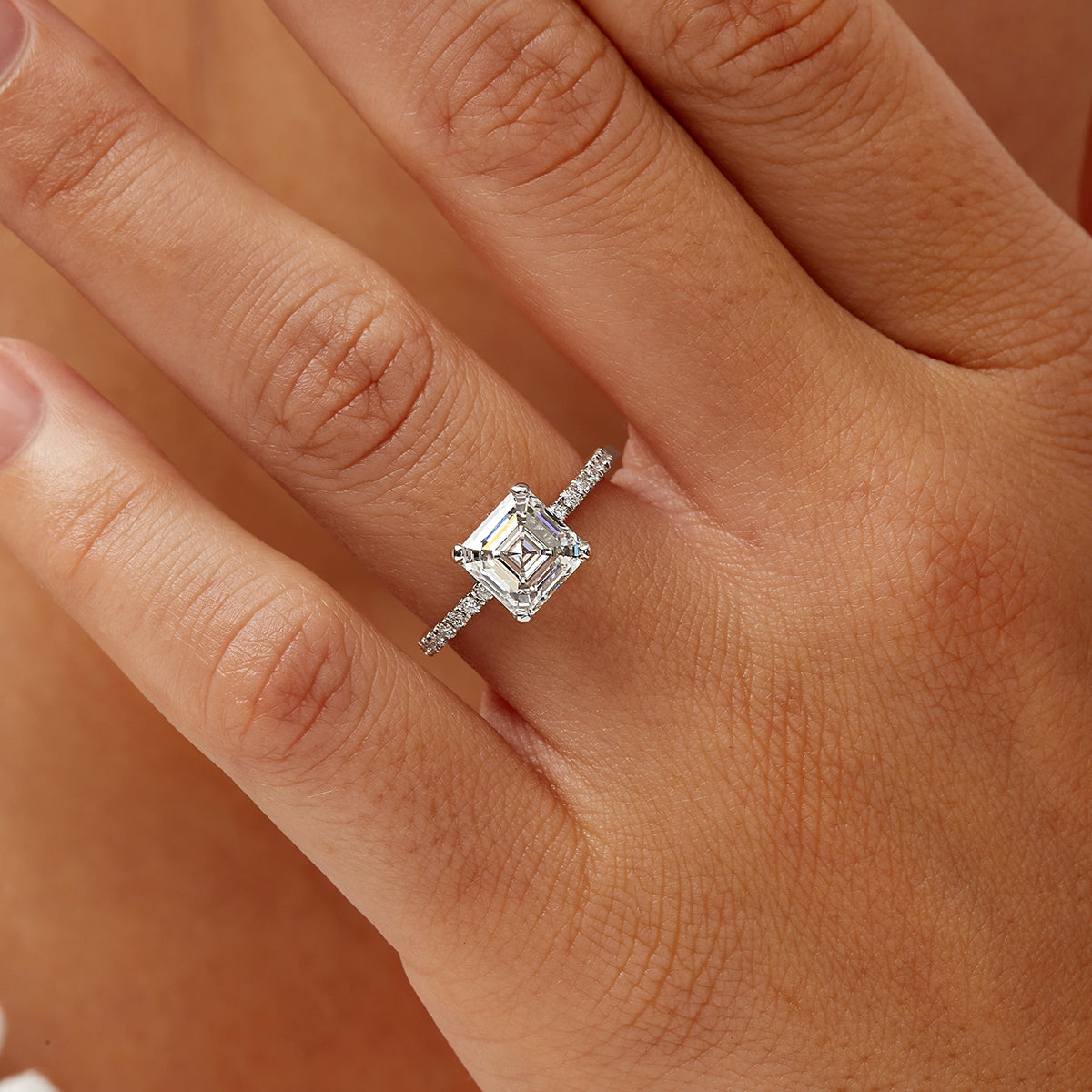 Fortuna Hidden Halo Asscher Cut Engagement Ring in White Gold