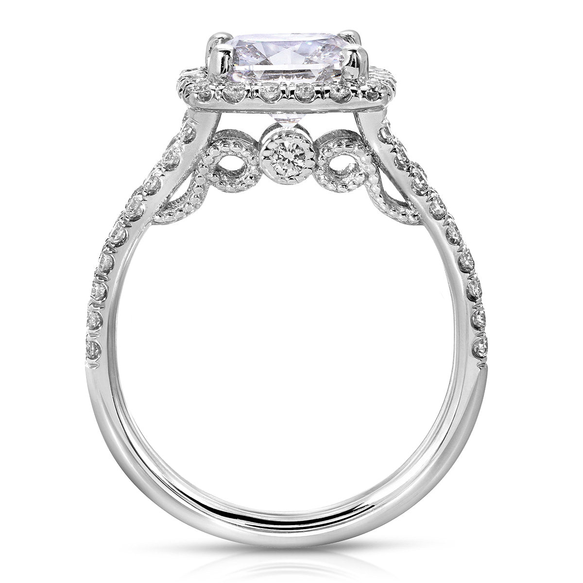 Milgrain Cathedral Halo Cushion Engagement Ring in White Gold