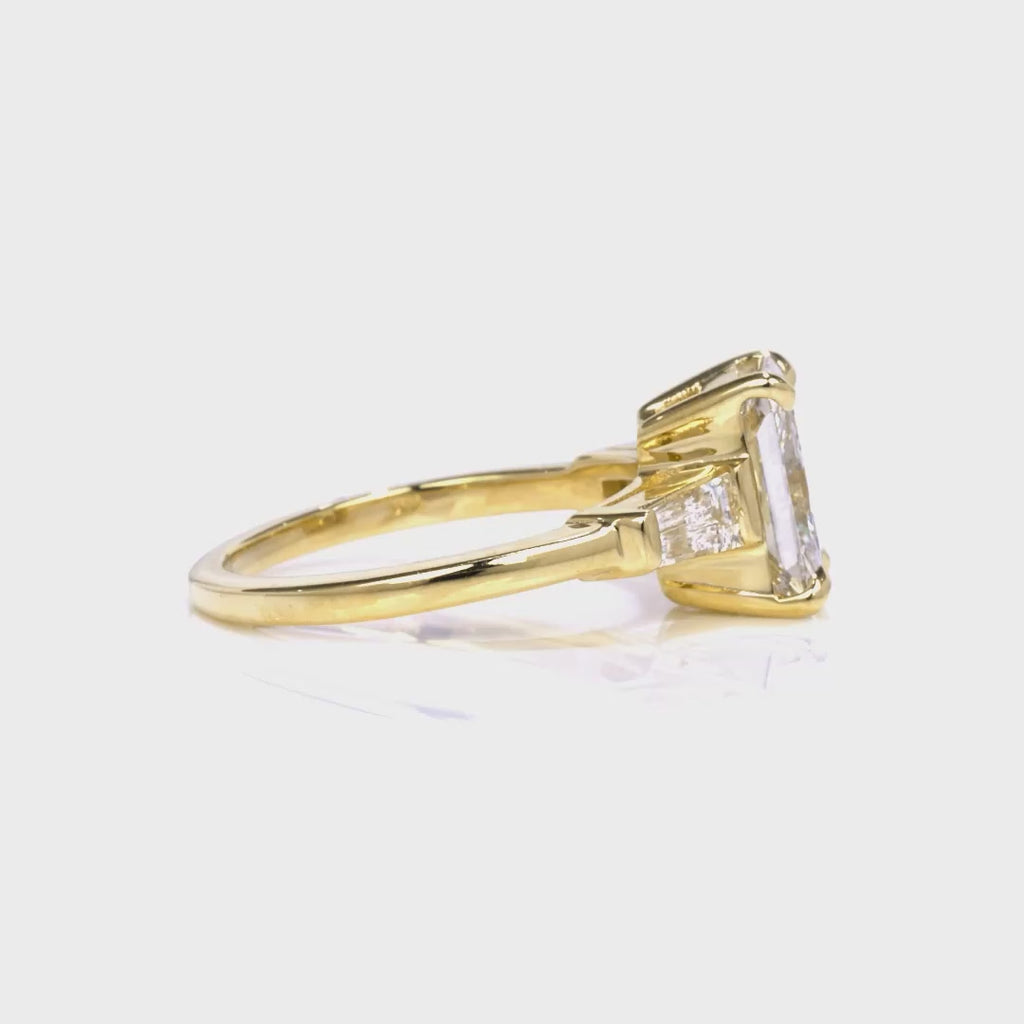 Baguette Three Stone Radiant Engagement Ring in Yellow Gold