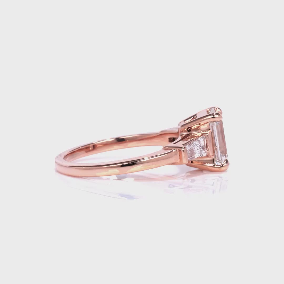 Baguette Three Stone Emerald Engagement Ring in Rose Gold