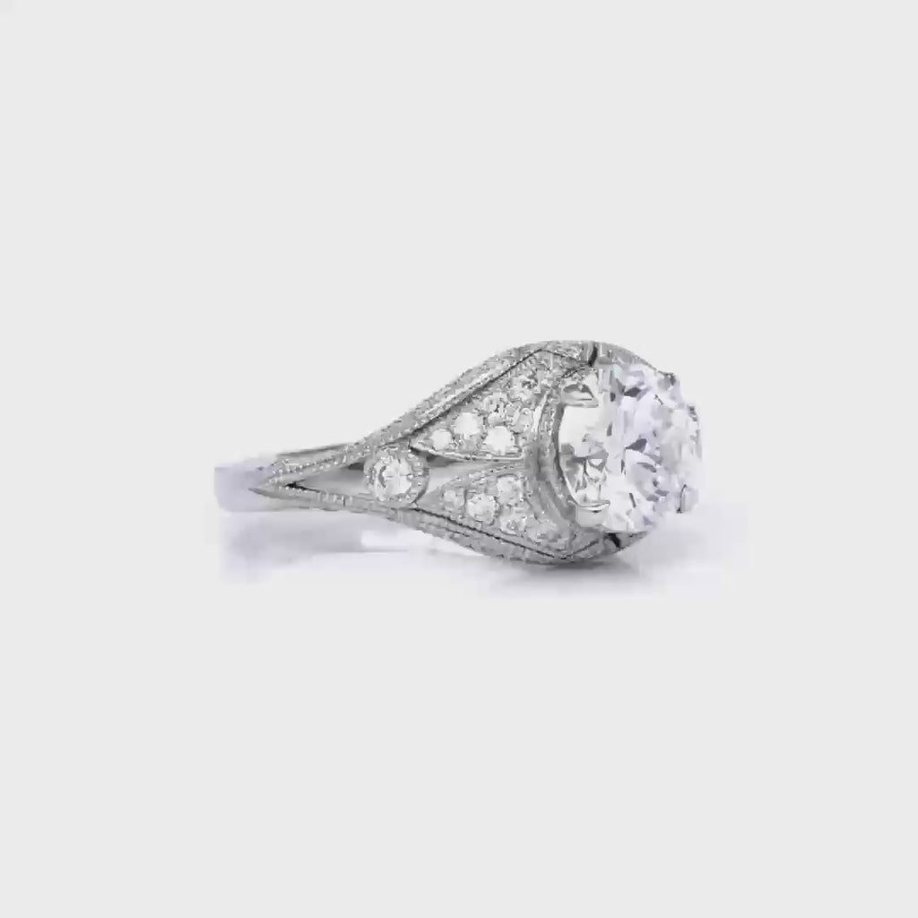 Dome Antique Vintage Style Round Engagement Ring in White Gold