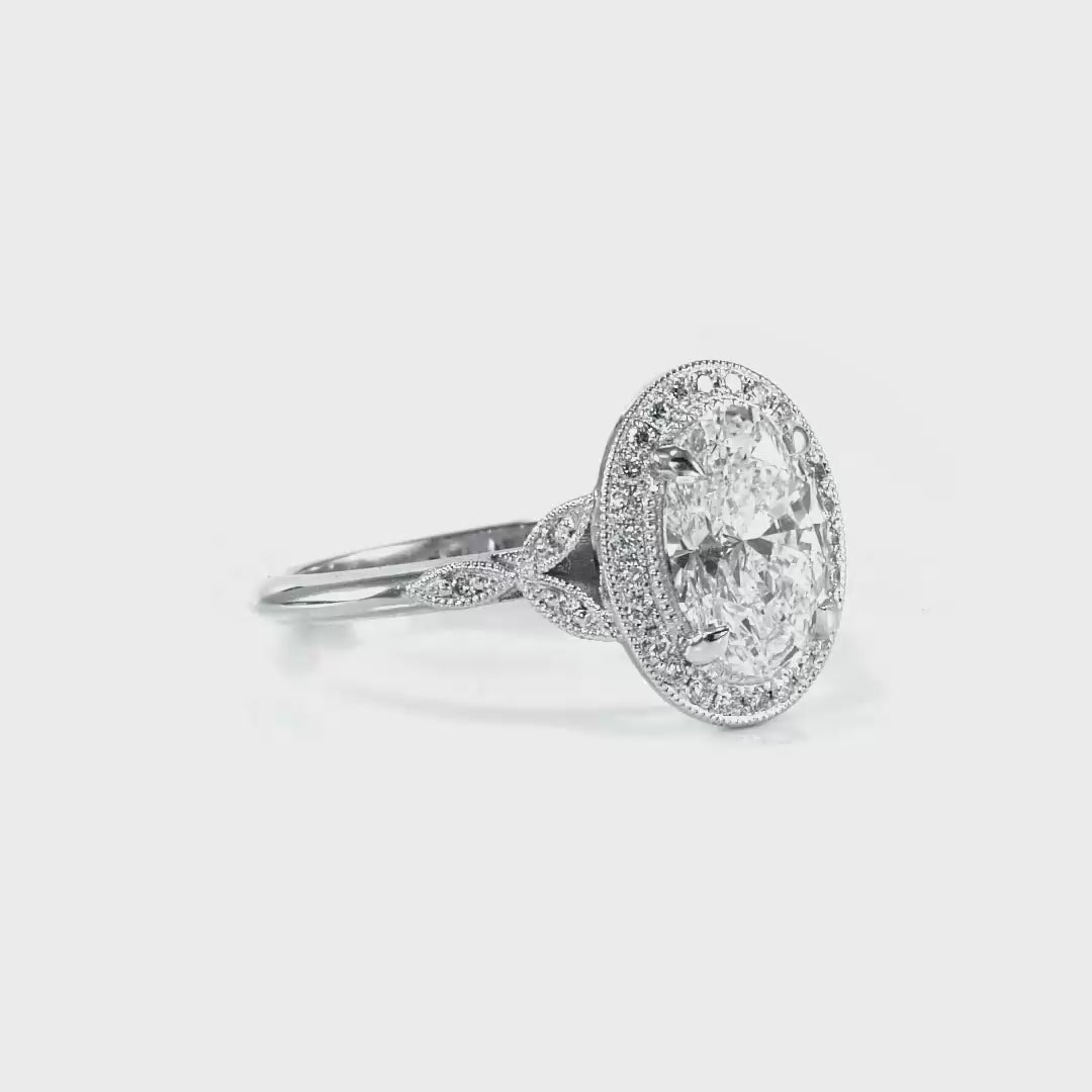 Floral Vintage Style Oval Engagement Ring in White Gold