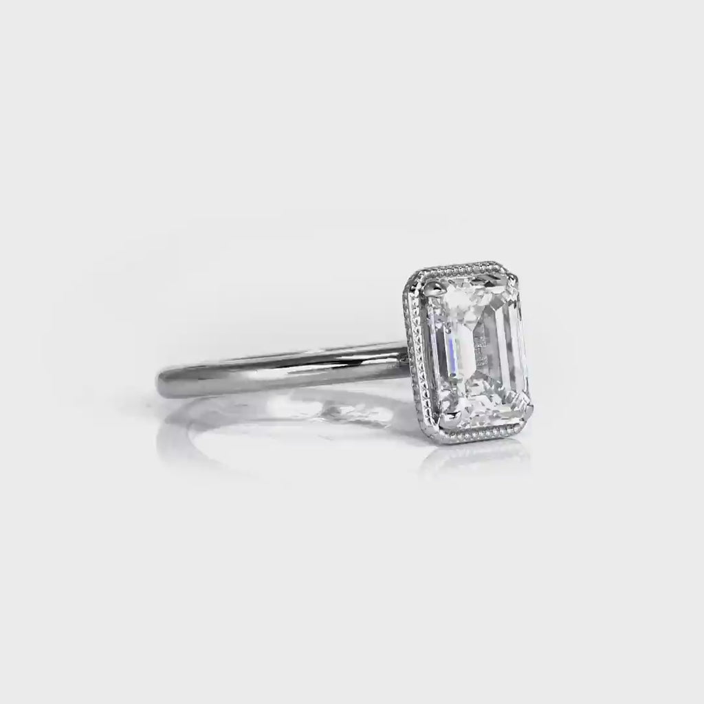 Milgrain Solitaire Emerald Engagement Ring in White Gold