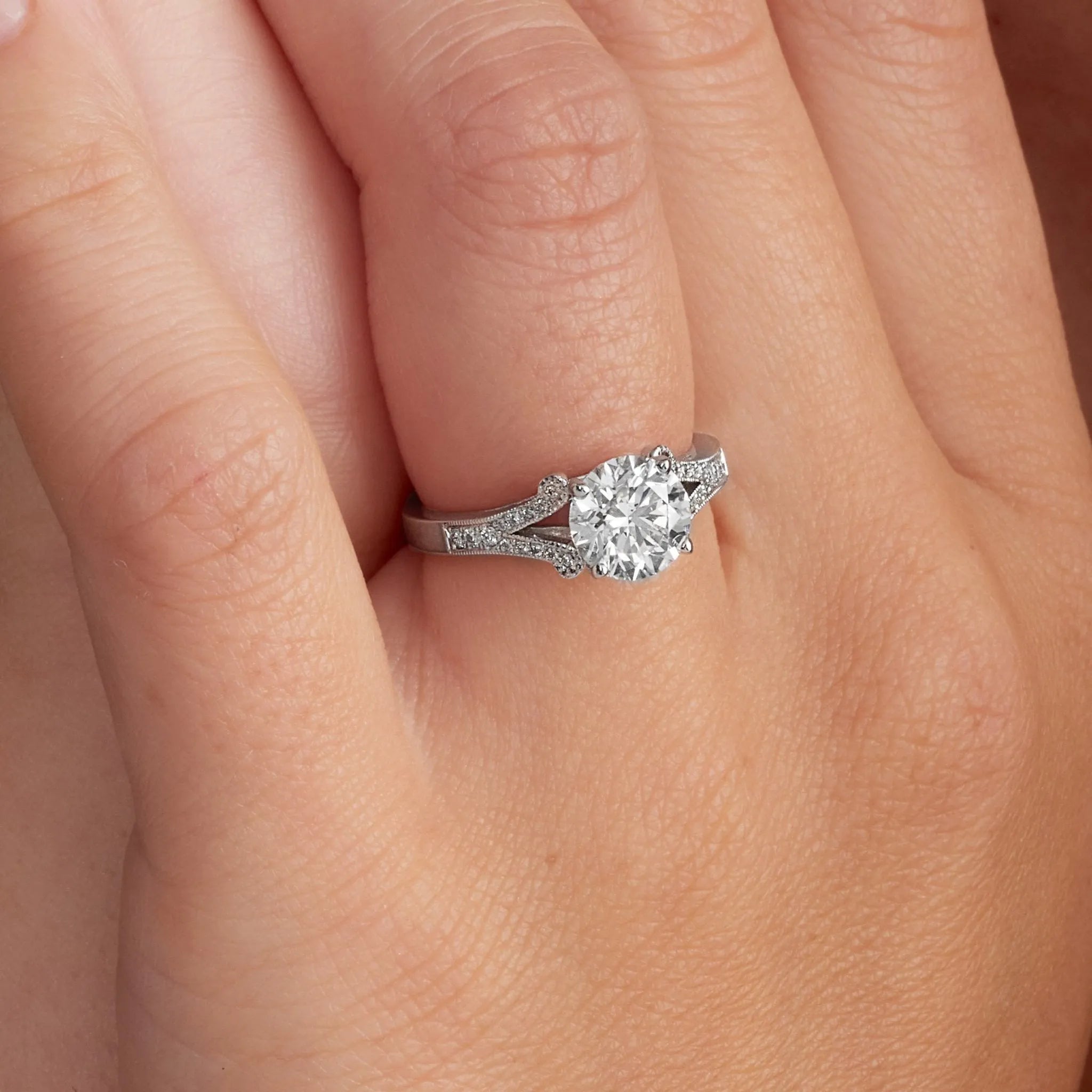 Romantic Vintage Style 1.54 ct Round Engagement Ring in White Gold - The Better Diamonds