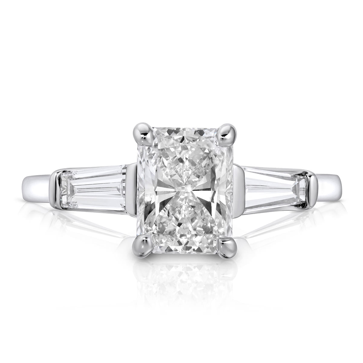 Baguette Three Stone Long Radiant Engagement Ring in White Gold