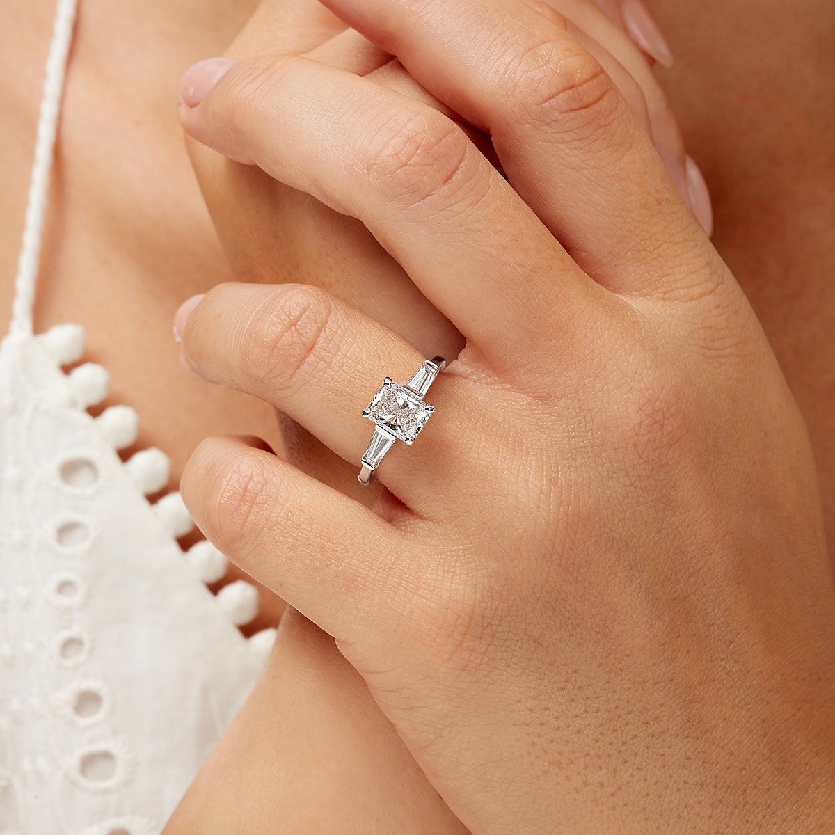 Baguette Three Stone Long Radiant Engagement Ring in White Gold