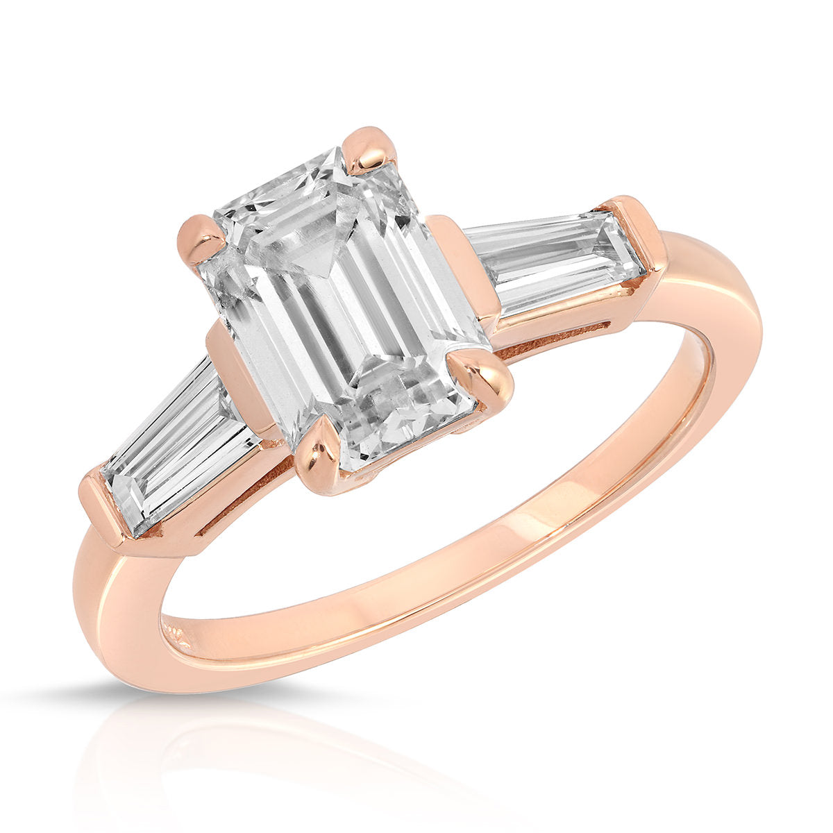 Baguette Three Stone Emerald Engagement Ring in Rose Gold