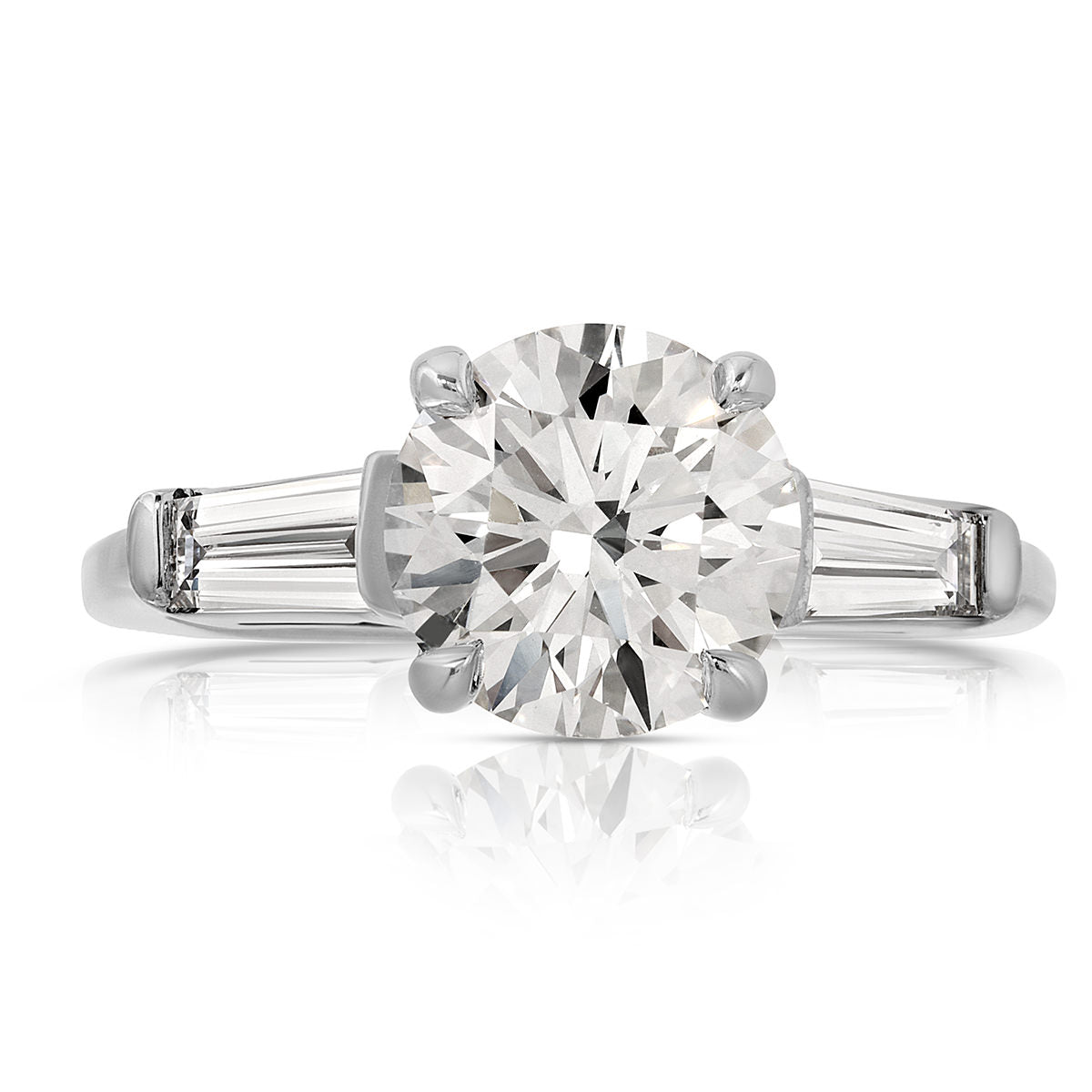 Baguette Three Stone Round Engagement Ring in White Gold